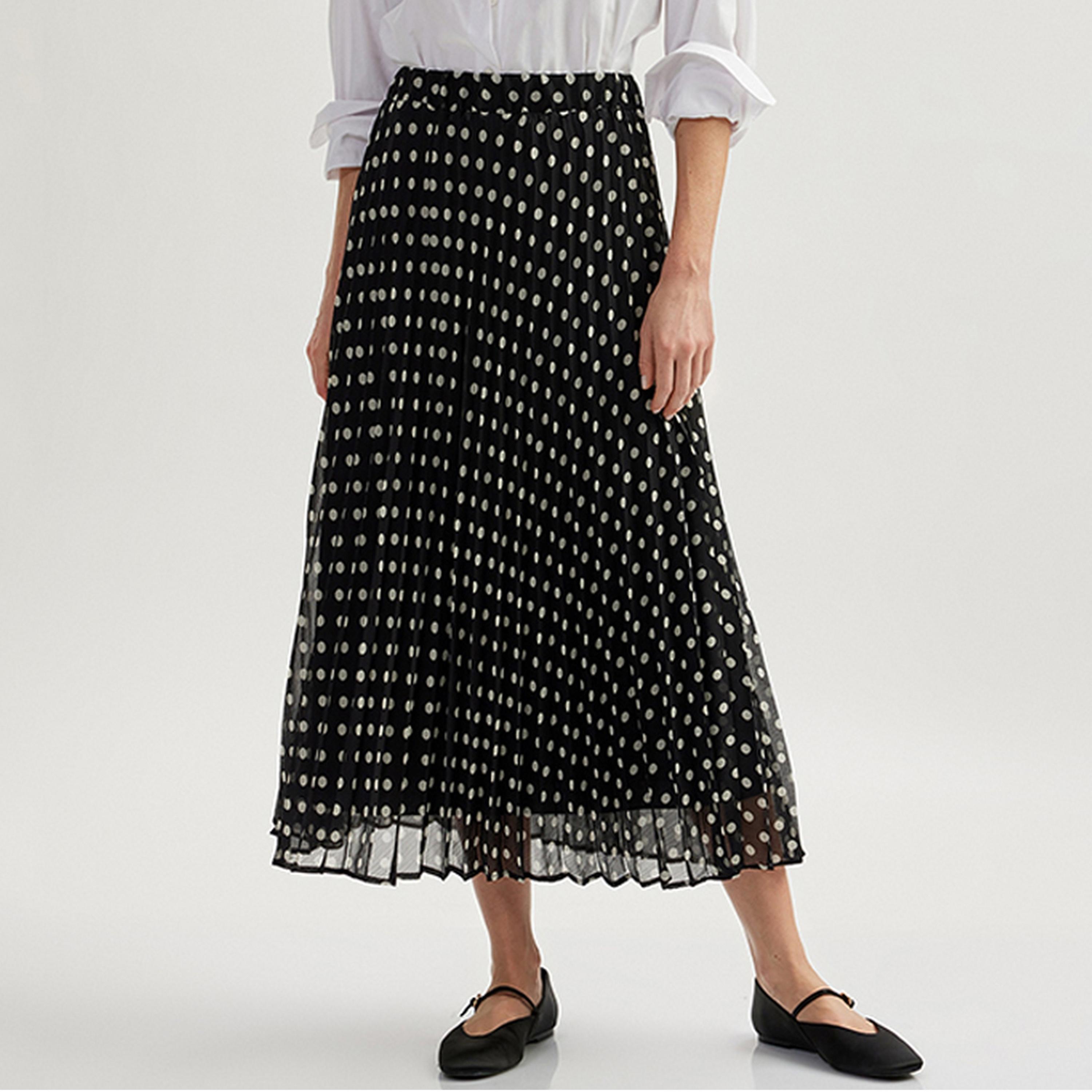 تنورة ميدي نسائية بقصة ايه-لاين بطبعة نقاط البولكا من كوتون.-women-clothing-bottoms-skirts-image-1