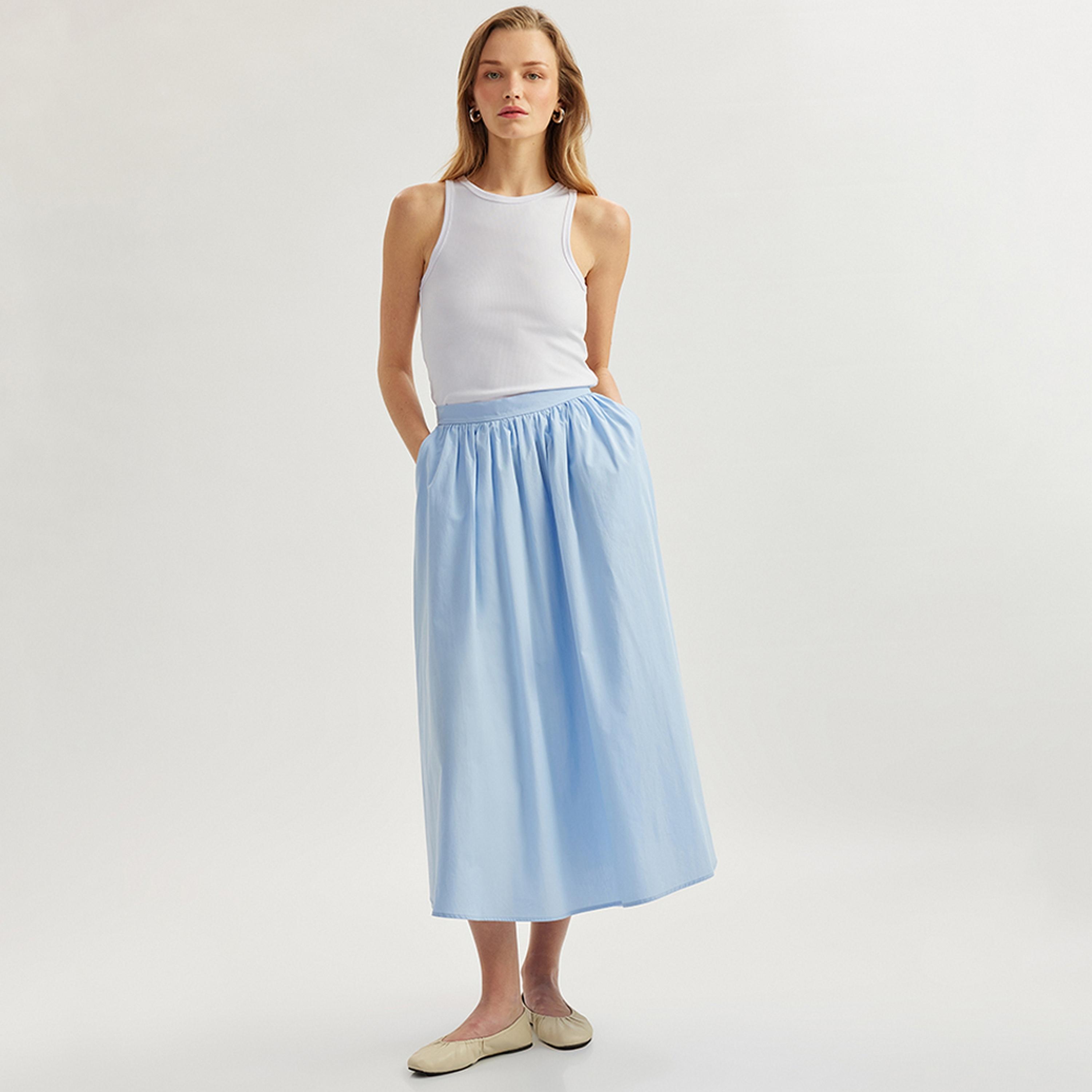 تنورة ميدي نسائية بقصة ايه-لاين بتصميم مطوي من كوتون.-women-clothing-bottoms-skirts-image-2