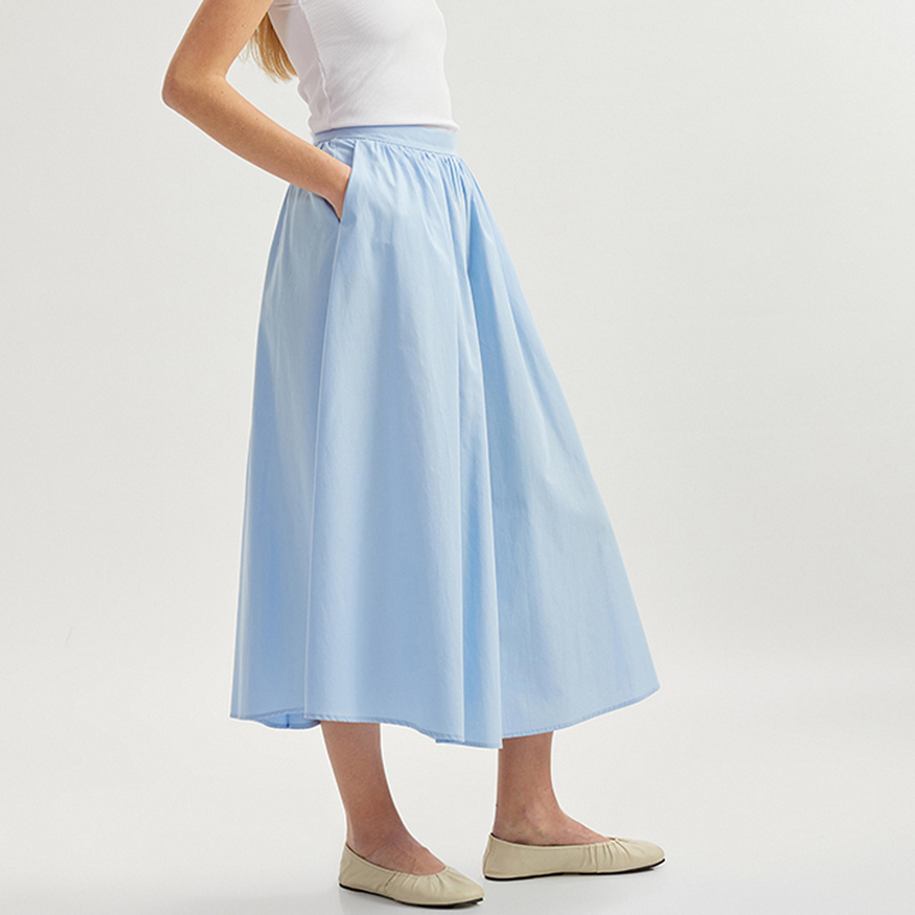 تنورة ميدي نسائية بقصة ايه-لاين بتصميم مطوي من كوتون.-women-clothing-bottoms-skirts-image-4
