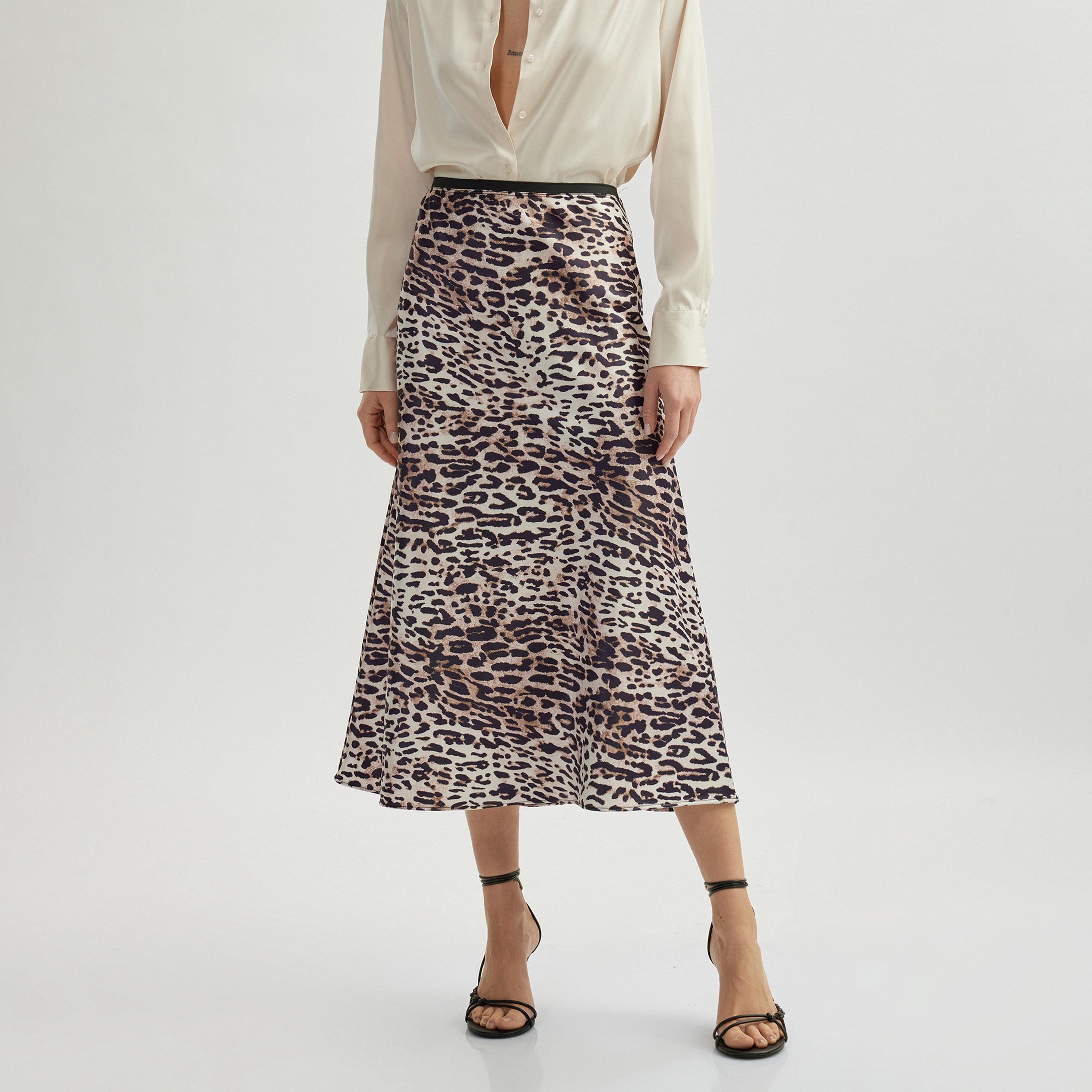 Koton Brown Leopard Print Concealed Zip Women's Midi Skirt-women-clothing-bottoms-skirts-image-1