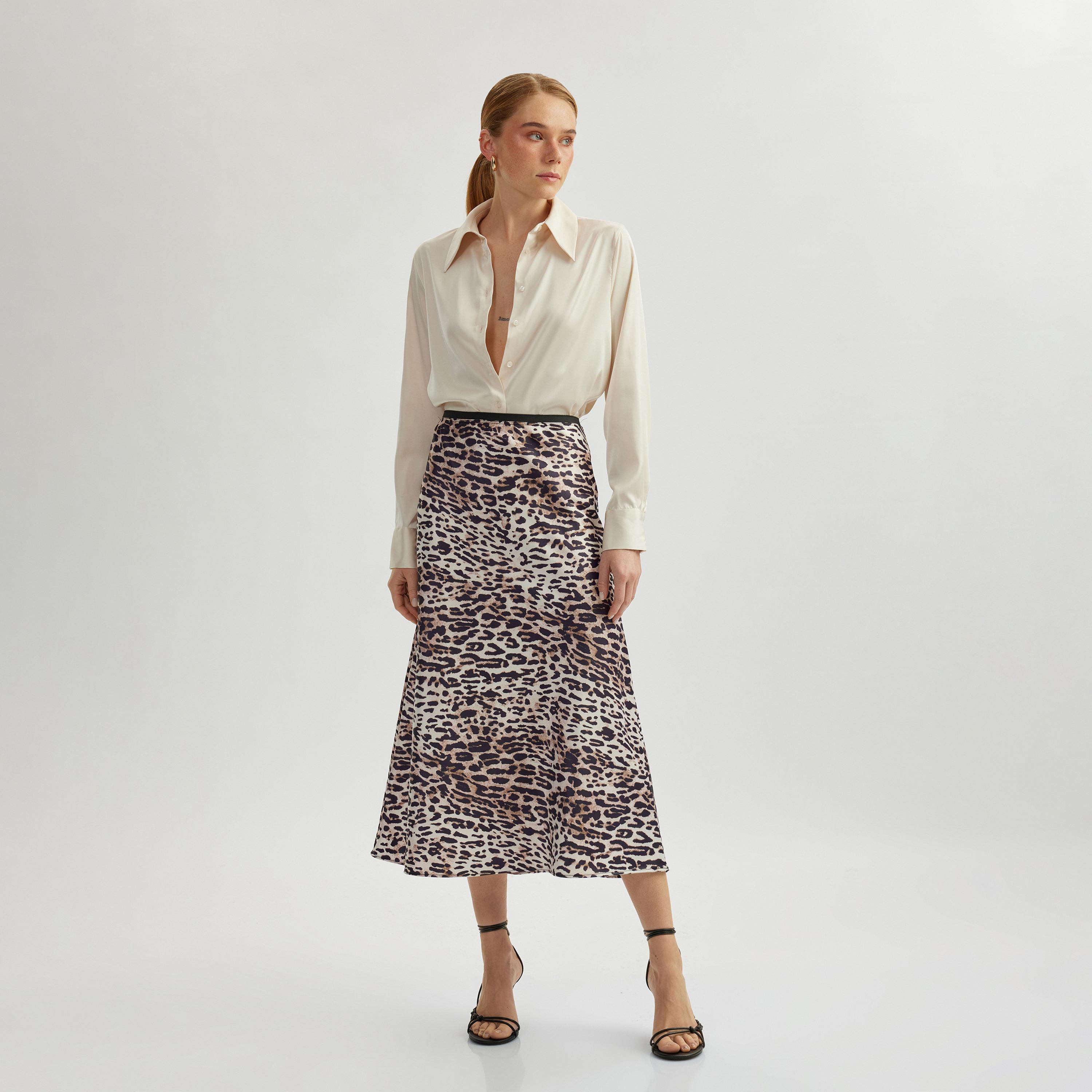 Koton Brown Leopard Print Concealed Zip Women's Midi Skirt-women-clothing-bottoms-skirts-image-2