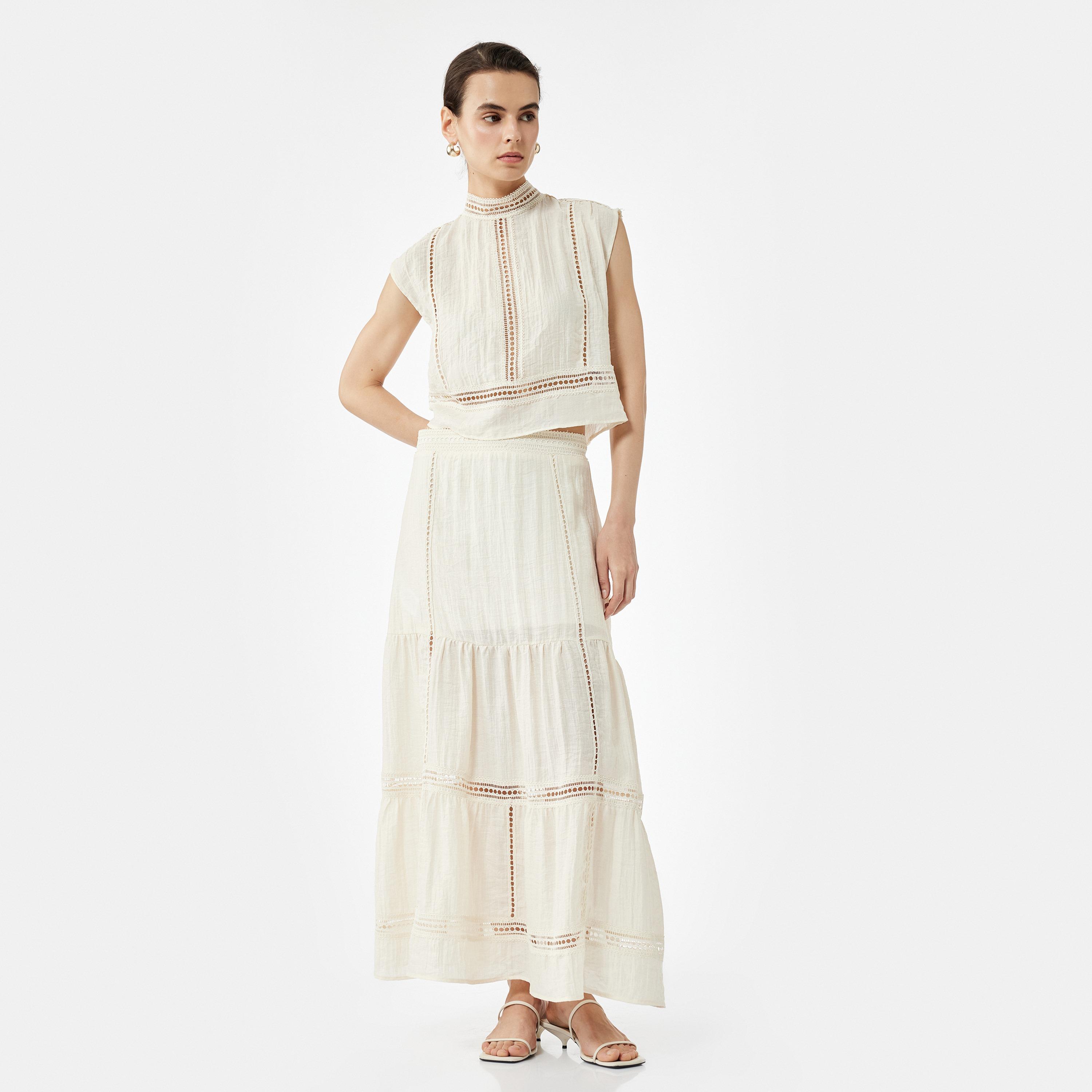 KOTON Beige Lace Trim Tiered Women's Skirt-women-clothing-bottoms-skirts-image-2