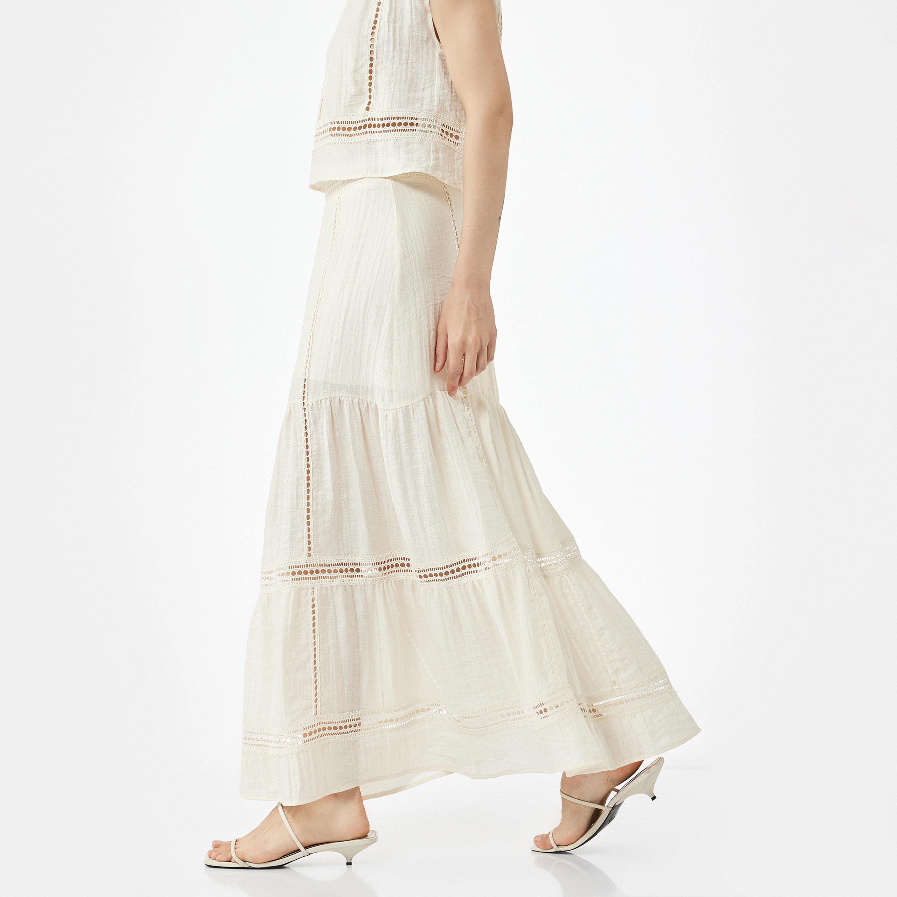 KOTON Beige Lace Trim Tiered Women's Skirt-women-clothing-bottoms-skirts-image-3