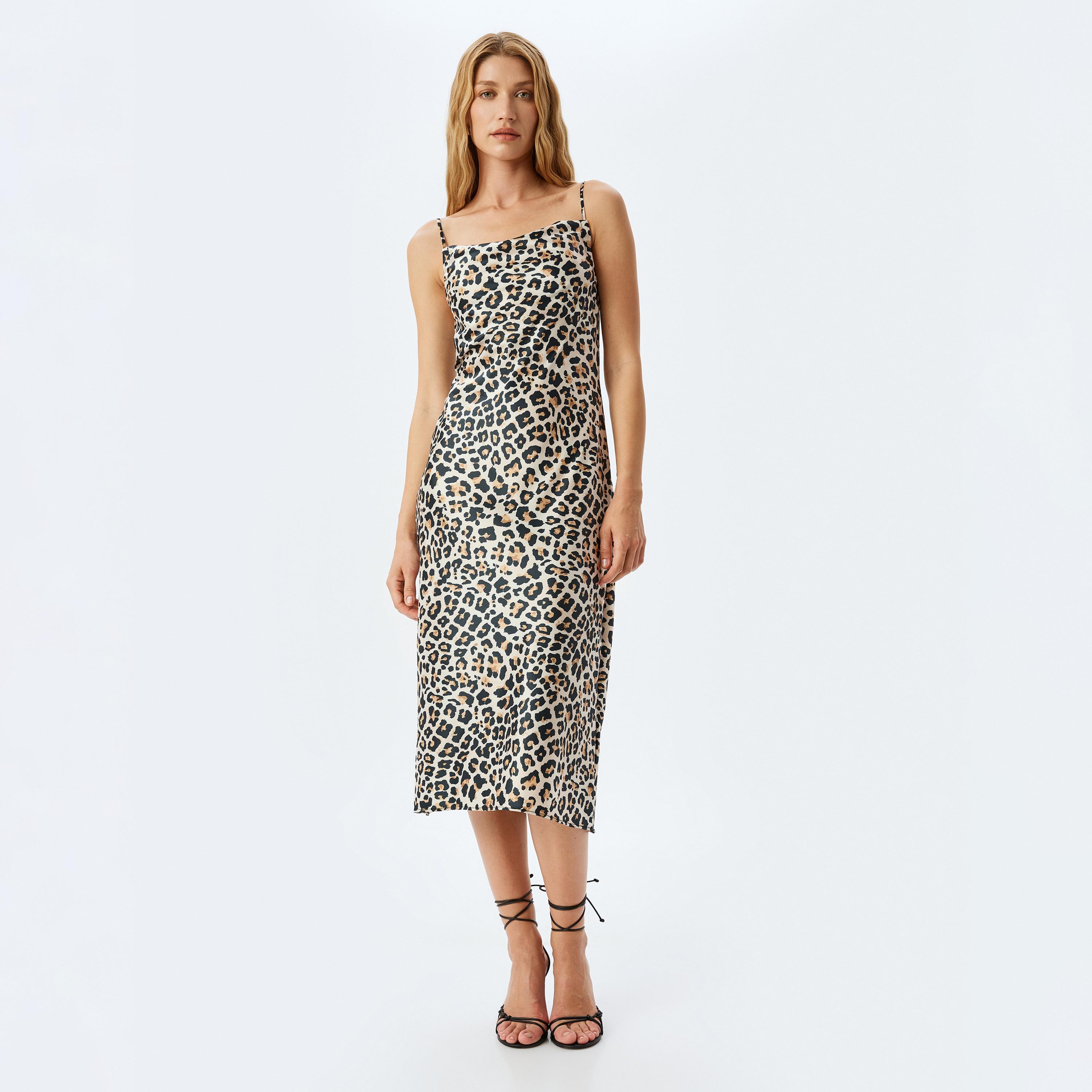 Koton Beige Animal Print Shoulder Straps Women's Midi Dress-women-clothing-dresses-image-1
