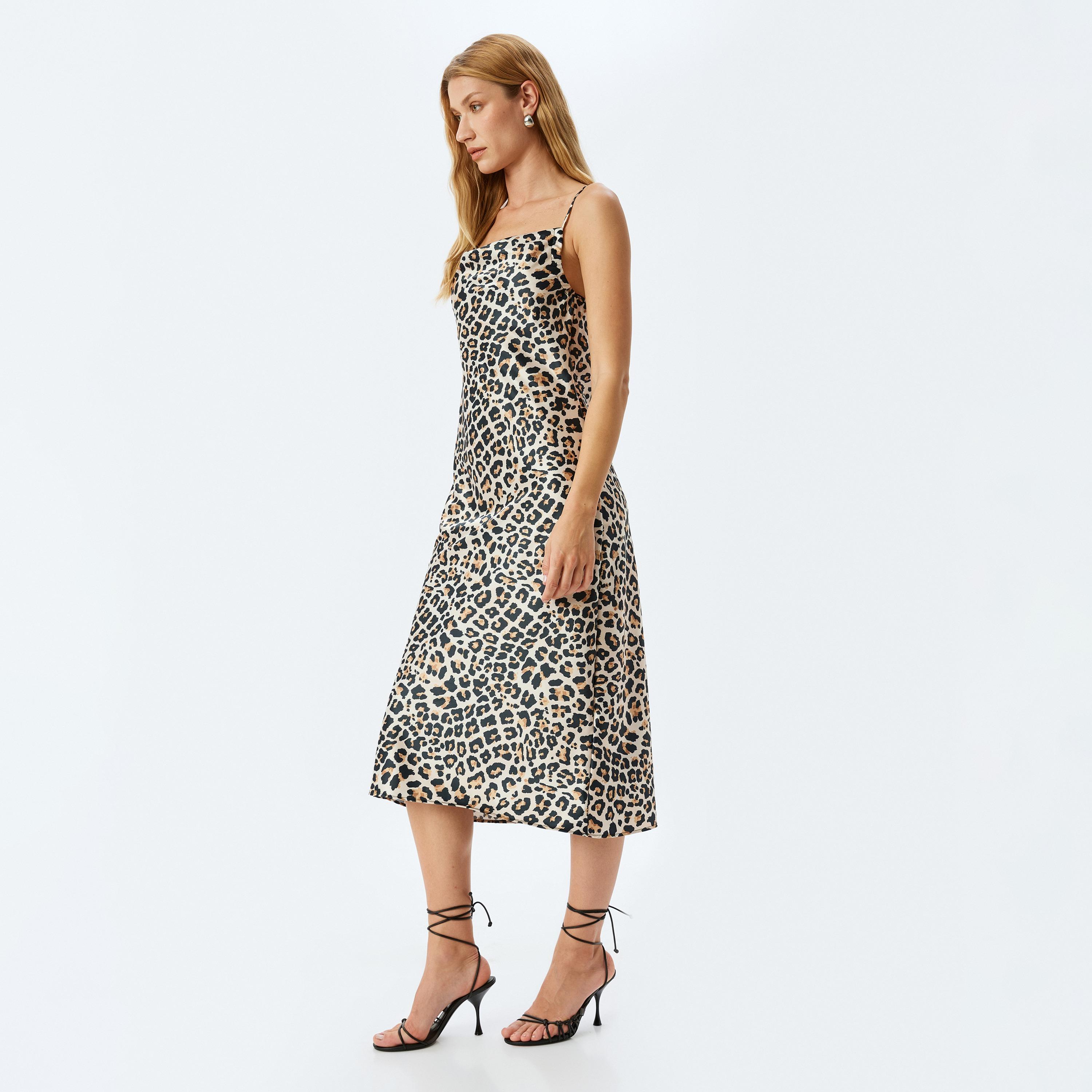 Koton Beige Animal Print Shoulder Straps Women's Midi Dress-women-clothing-dresses-image-2