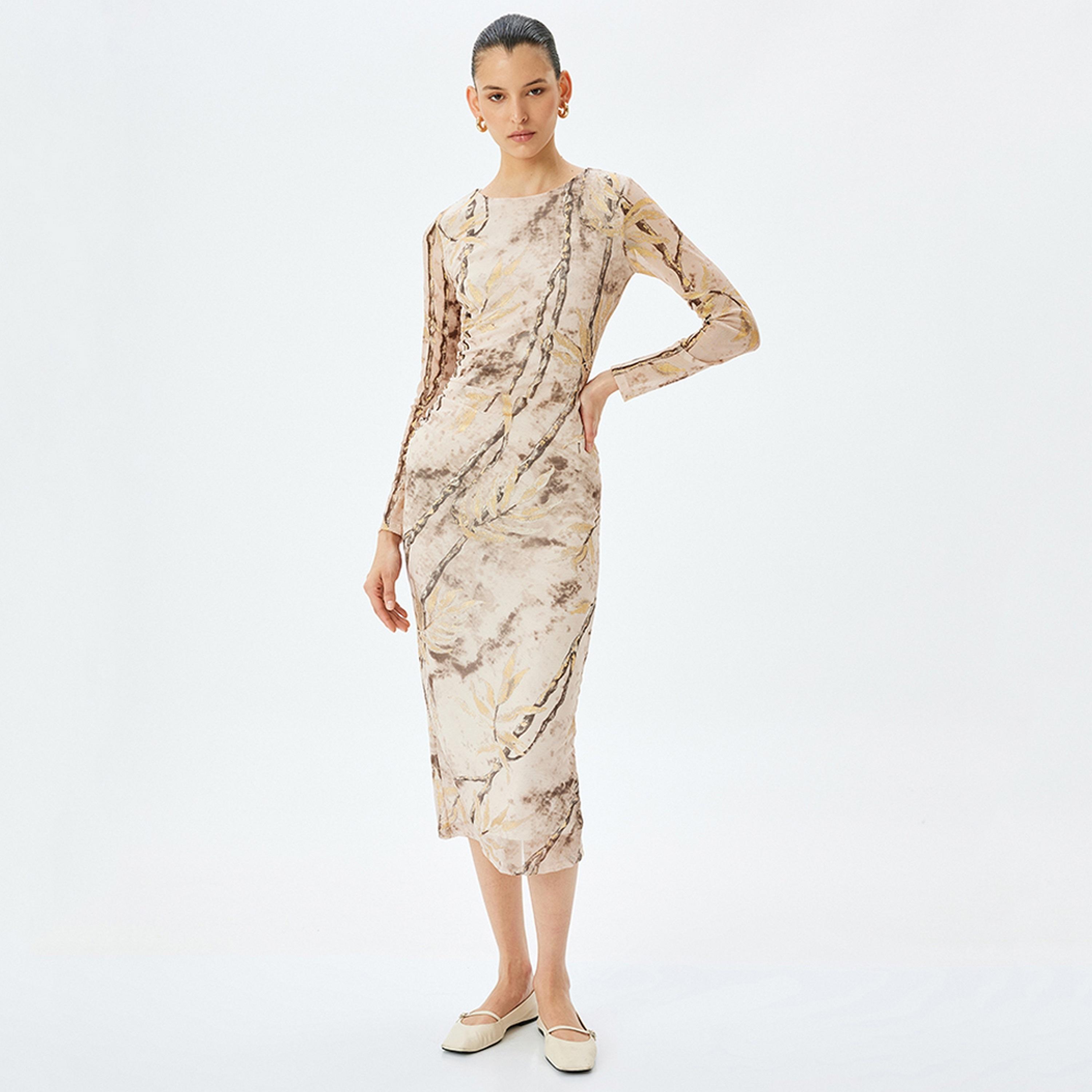 فستان ميدي نسائي بقصة بوديكون معدنية باللون البني من كوتون.-women-clothing-dresses-image-1