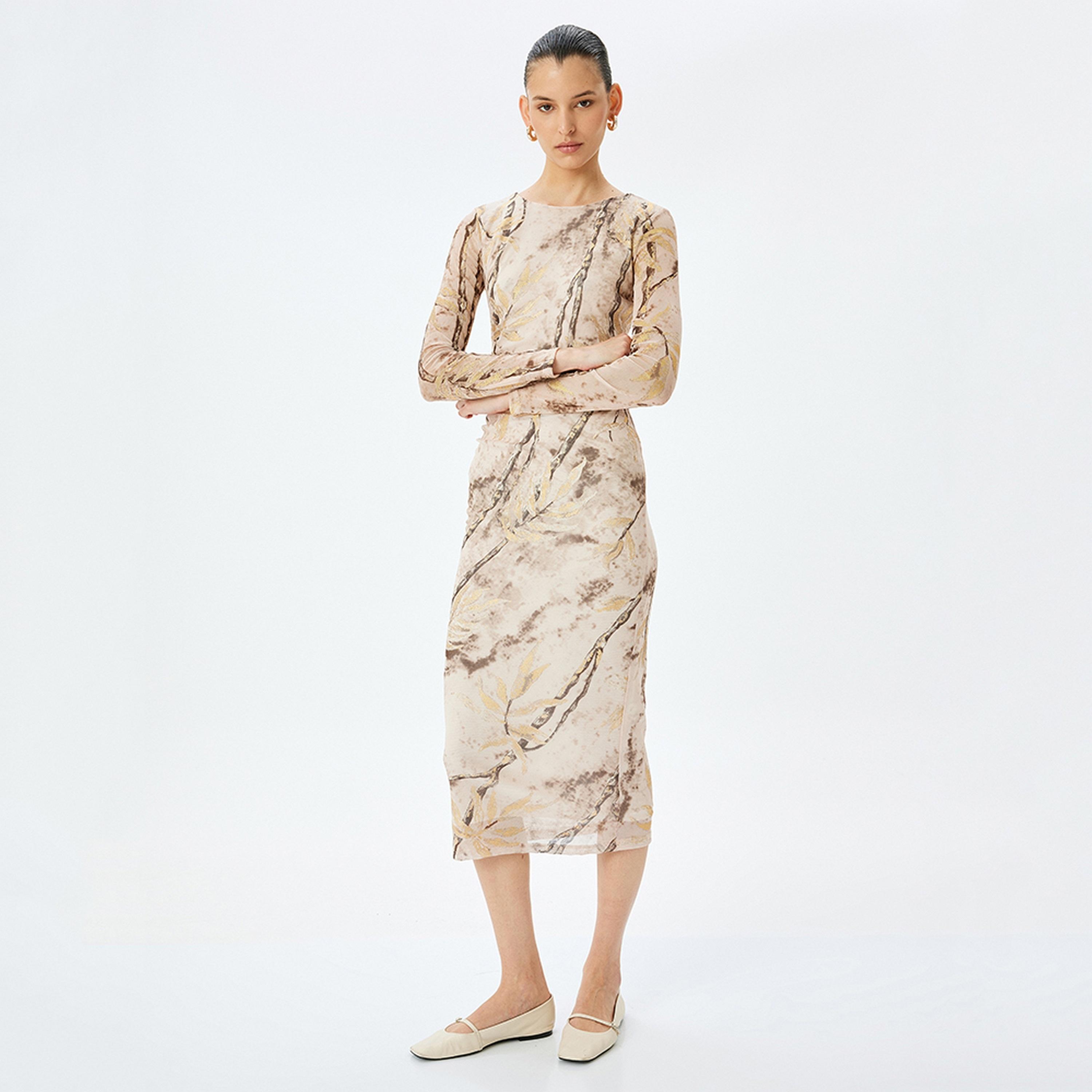 فستان ميدي نسائي بقصة بوديكون معدنية باللون البني من كوتون.-women-clothing-dresses-image-2