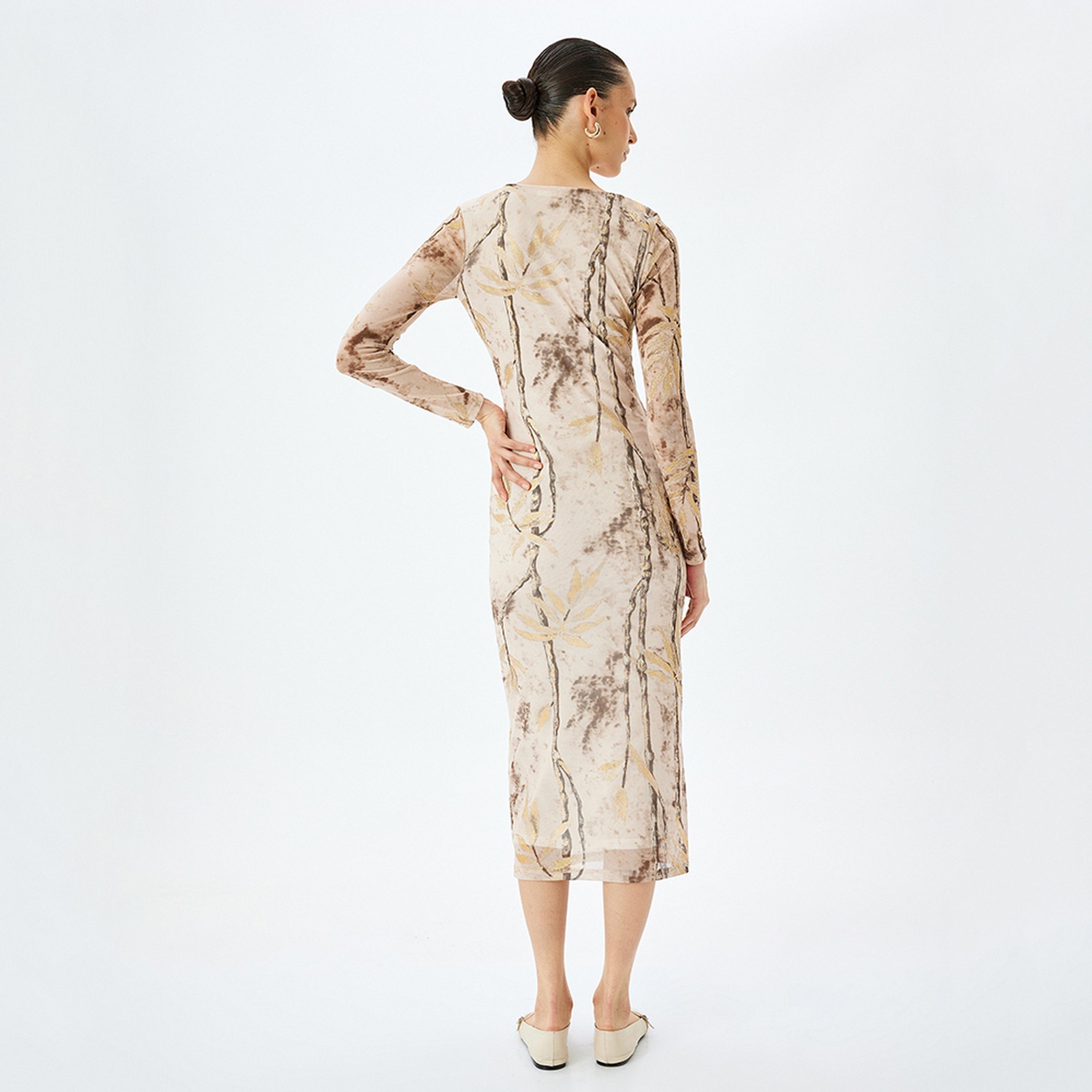 فستان ميدي نسائي بقصة بوديكون معدنية باللون البني من كوتون.-women-clothing-dresses-image-3