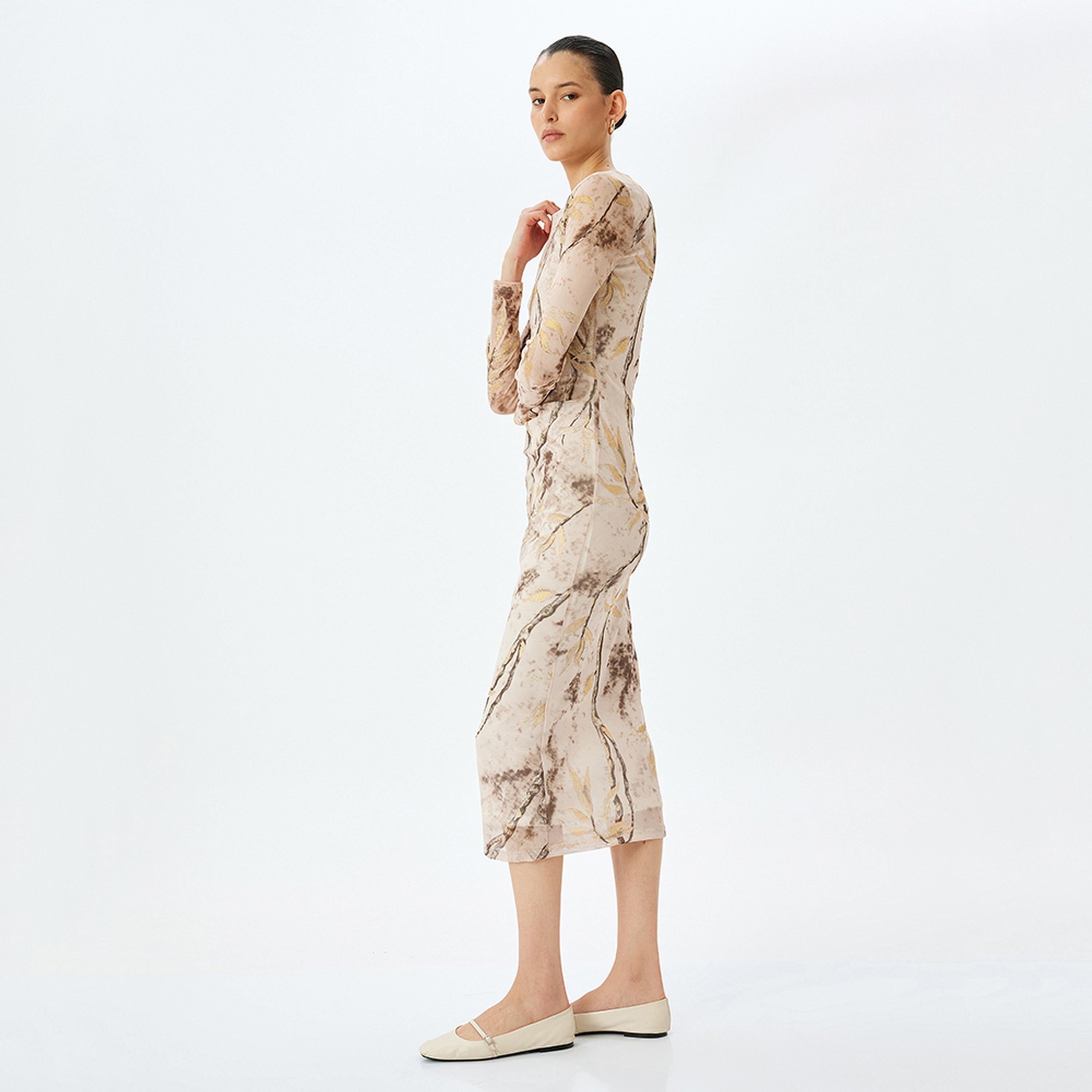 فستان ميدي نسائي بقصة بوديكون معدنية باللون البني من كوتون.-women-clothing-dresses-image-4