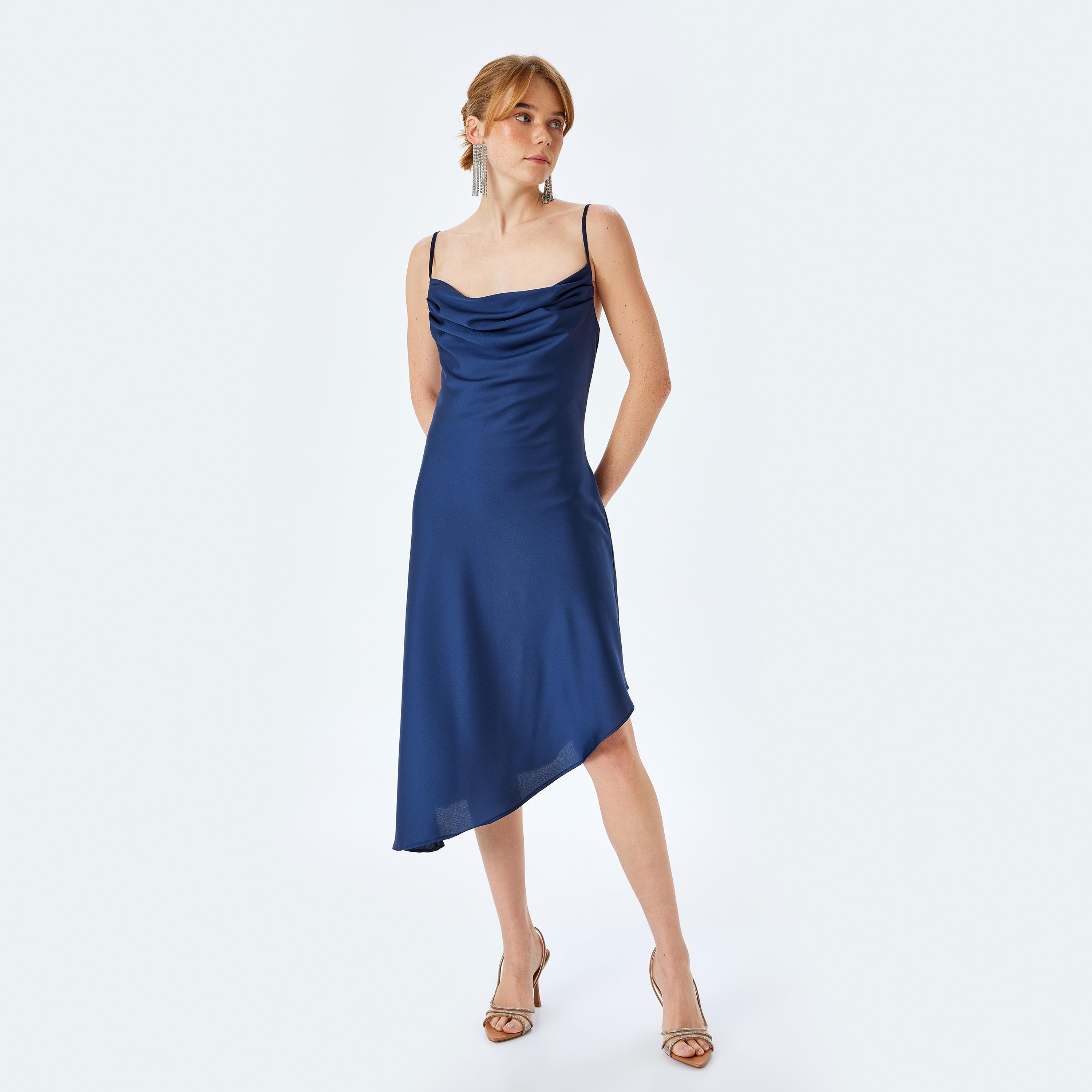Koton Blue Satin Shoulder Straps Asymmetric Slip Women's Midi Dress-women-clothing-dresses-image-1