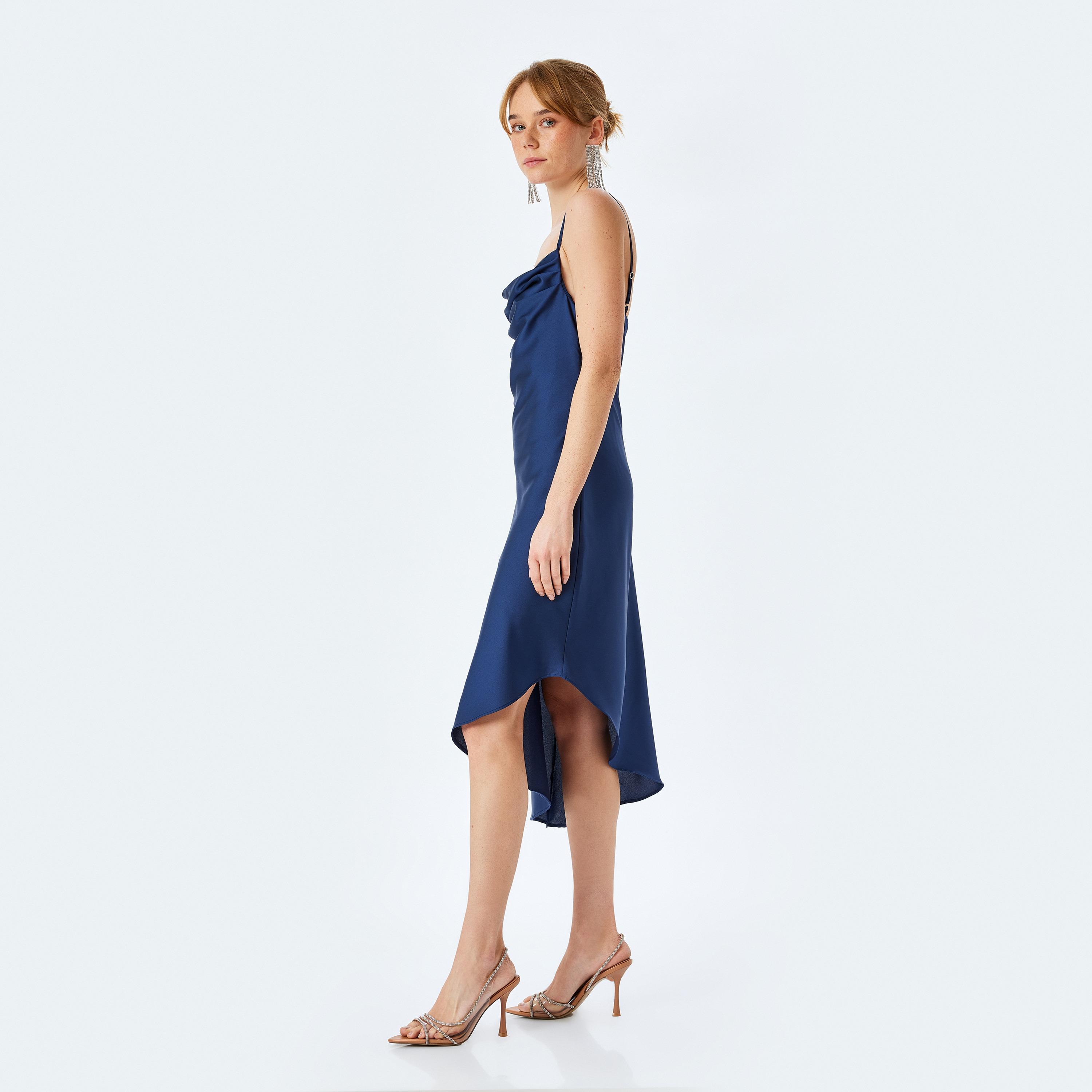 Koton Blue Satin Shoulder Straps Asymmetric Slip Women's Midi Dress-women-clothing-dresses-image-2