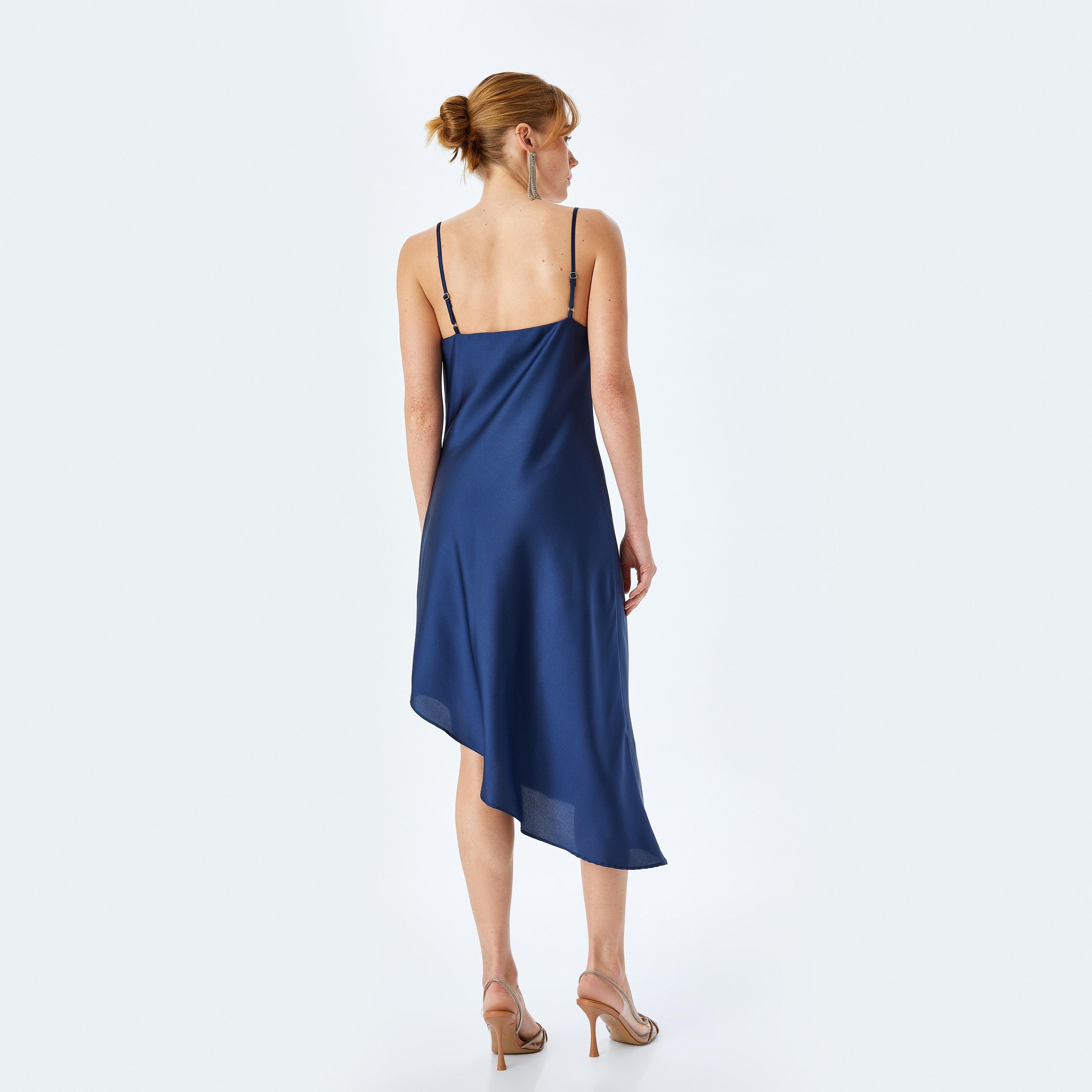 Koton Blue Satin Shoulder Straps Asymmetric Slip Women's Midi Dress-women-clothing-dresses-image-3