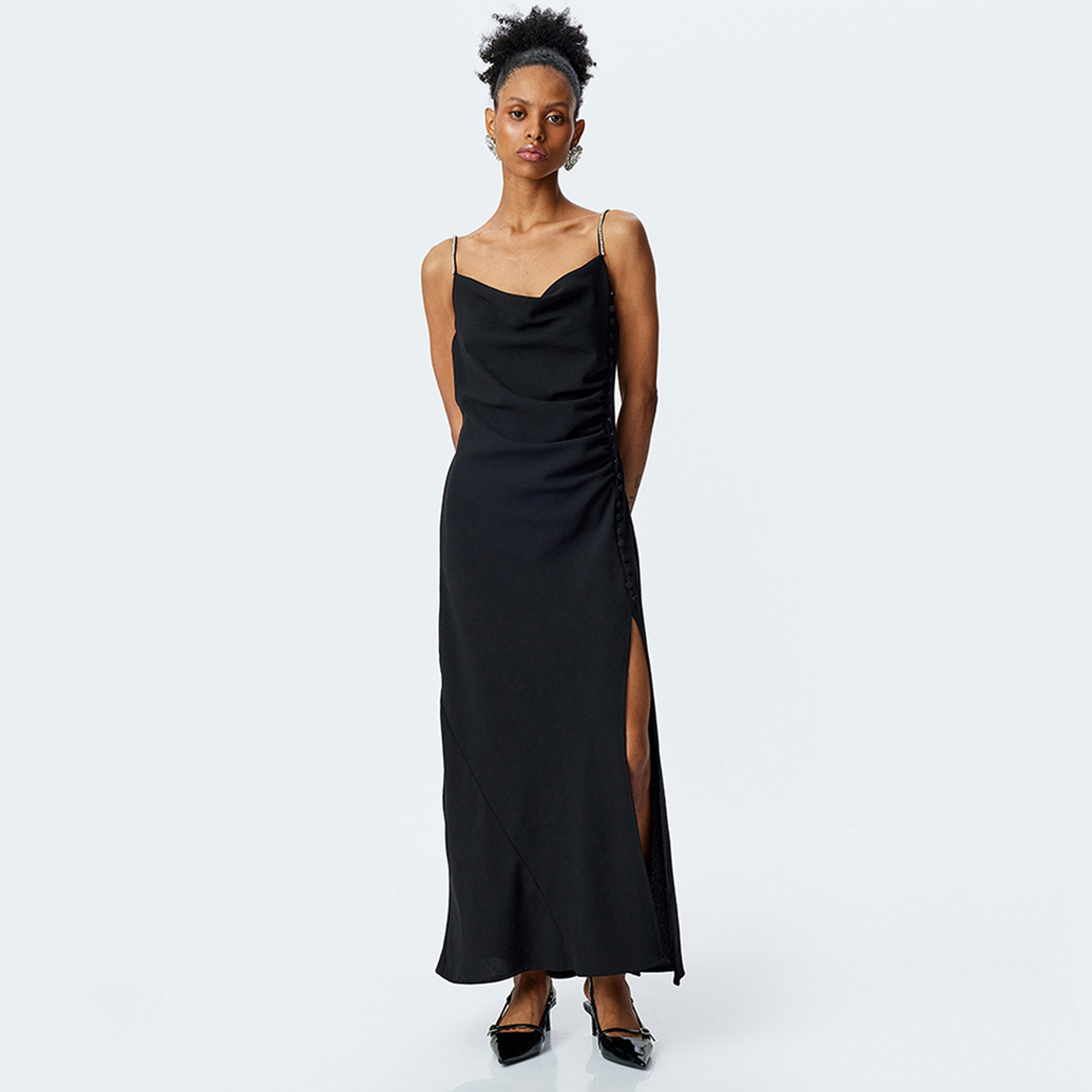 KOTON Black Rhinestone Detailed Cowl Neck Slit Women's Maxi Dress-women-clothing-dresses-image-1