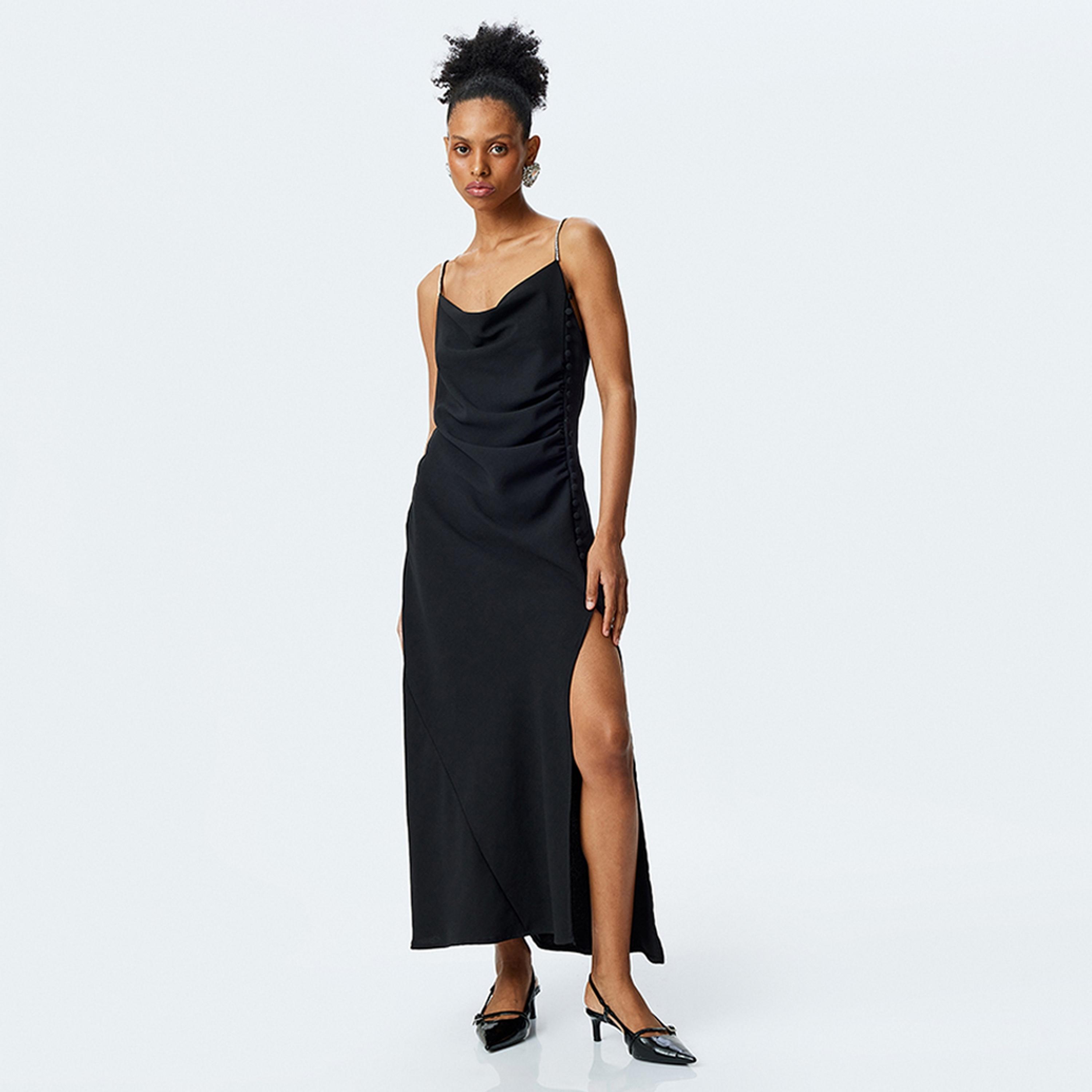 KOTON Black Rhinestone Detailed Cowl Neck Slit Women's Maxi Dress-women-clothing-dresses-image-2