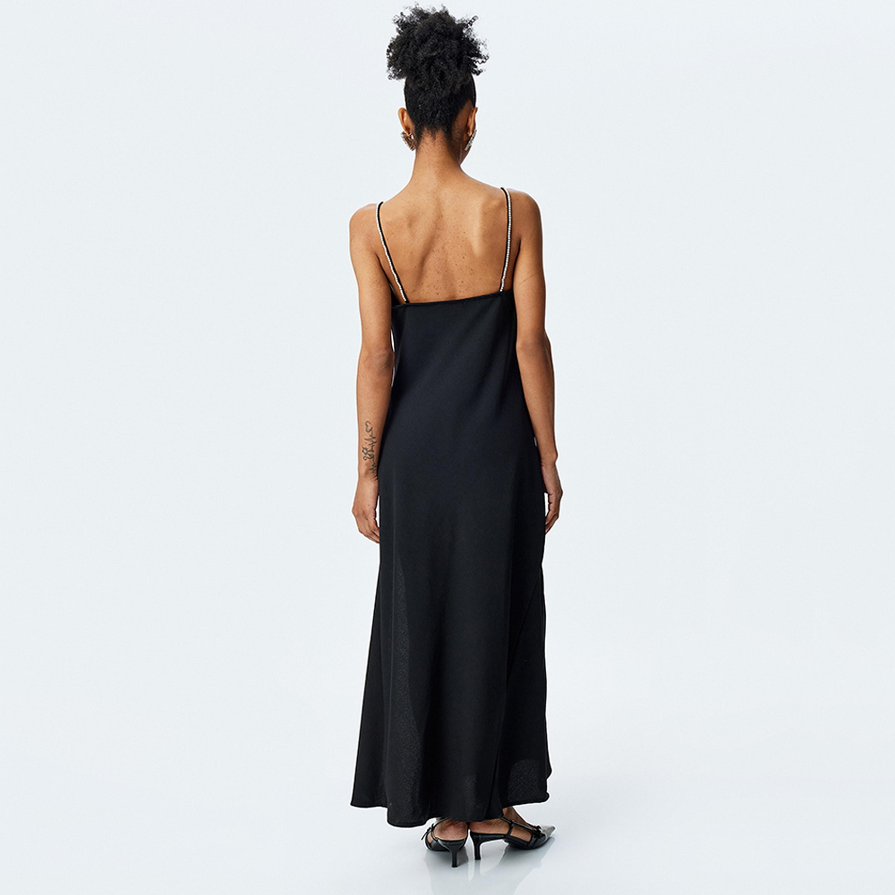 KOTON Black Rhinestone Detailed Cowl Neck Slit Women's Maxi Dress-women-clothing-dresses-image-3