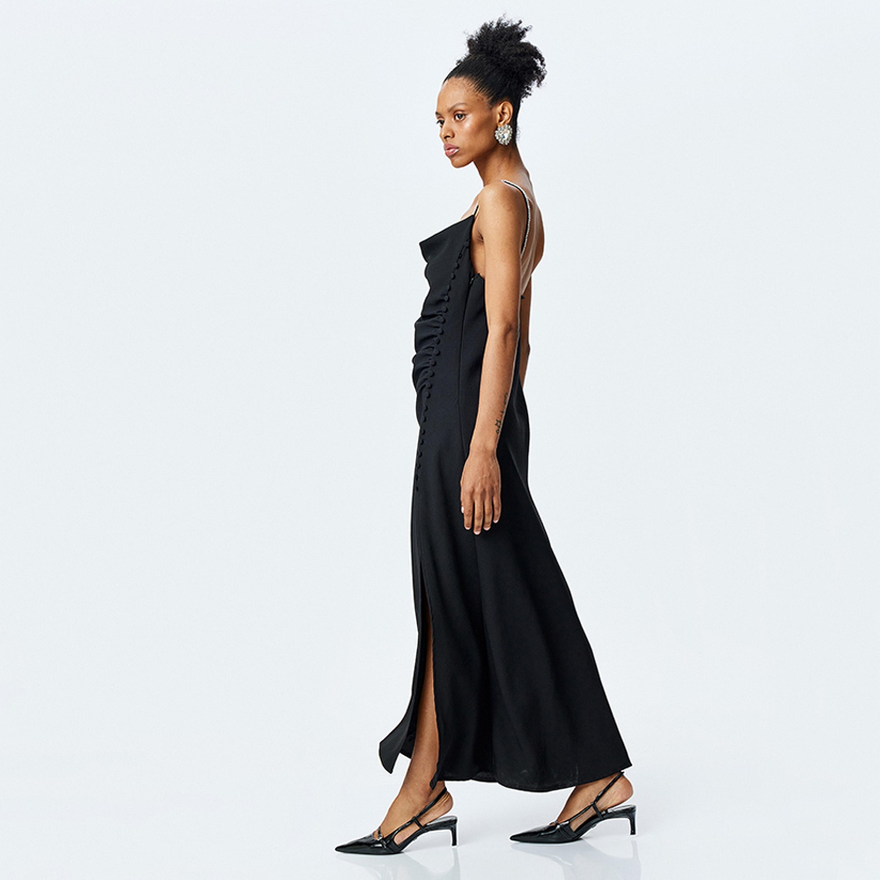 KOTON Black Rhinestone Detailed Cowl Neck Slit Women's Maxi Dress-women-clothing-dresses-image-4