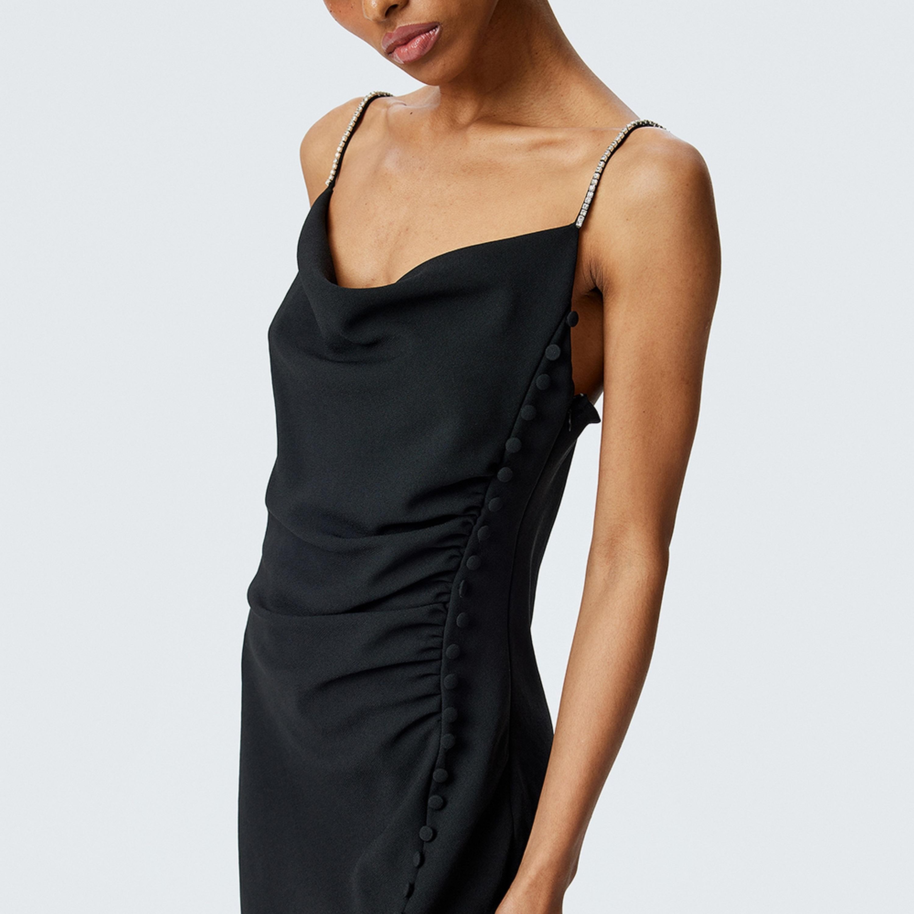 KOTON Black Rhinestone Detailed Cowl Neck Slit Women's Maxi Dress-women-clothing-dresses-image-5