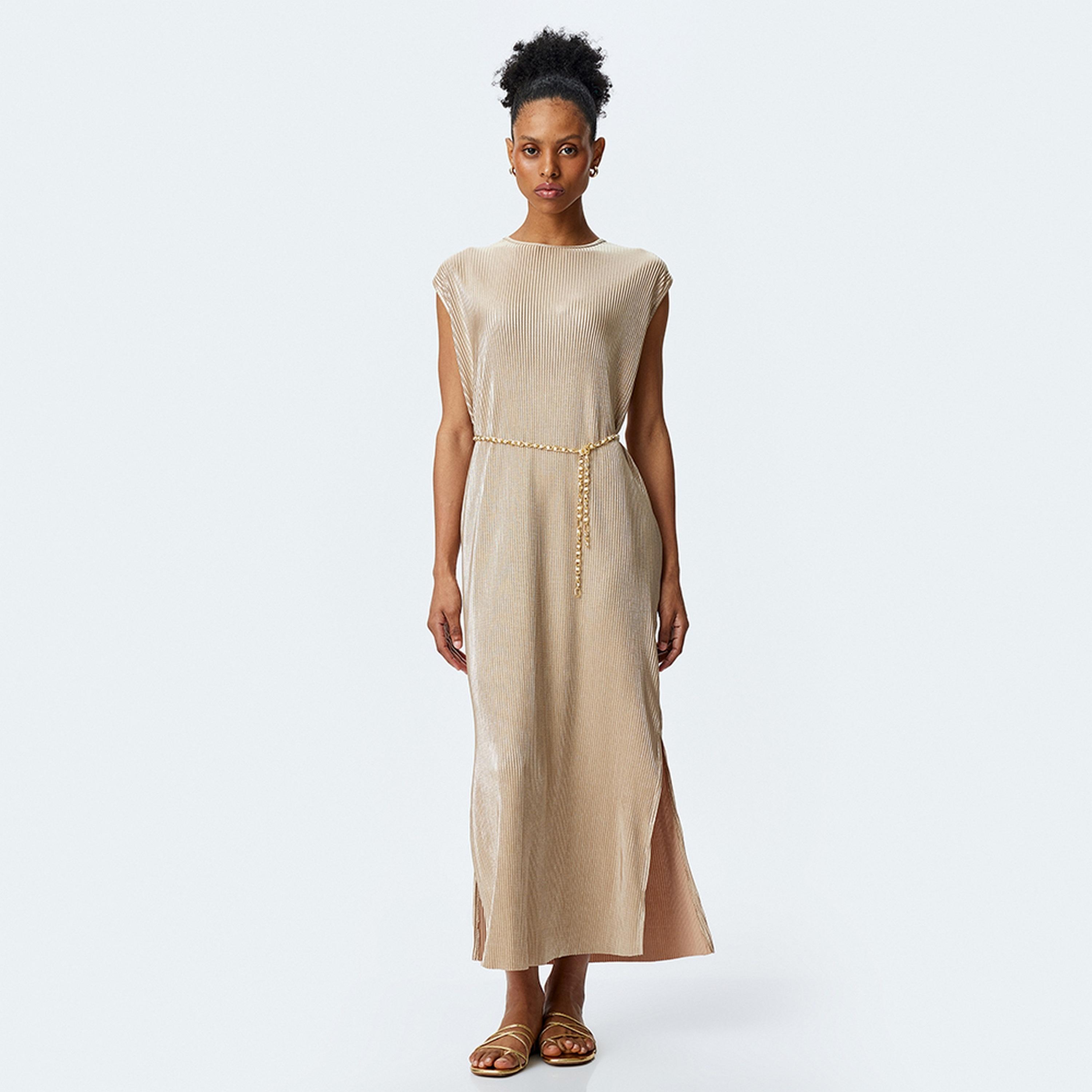 KOTON Beige Pleated Sheath Women's Maxi Dress With Chain Belt-women-clothing-dresses-image-1