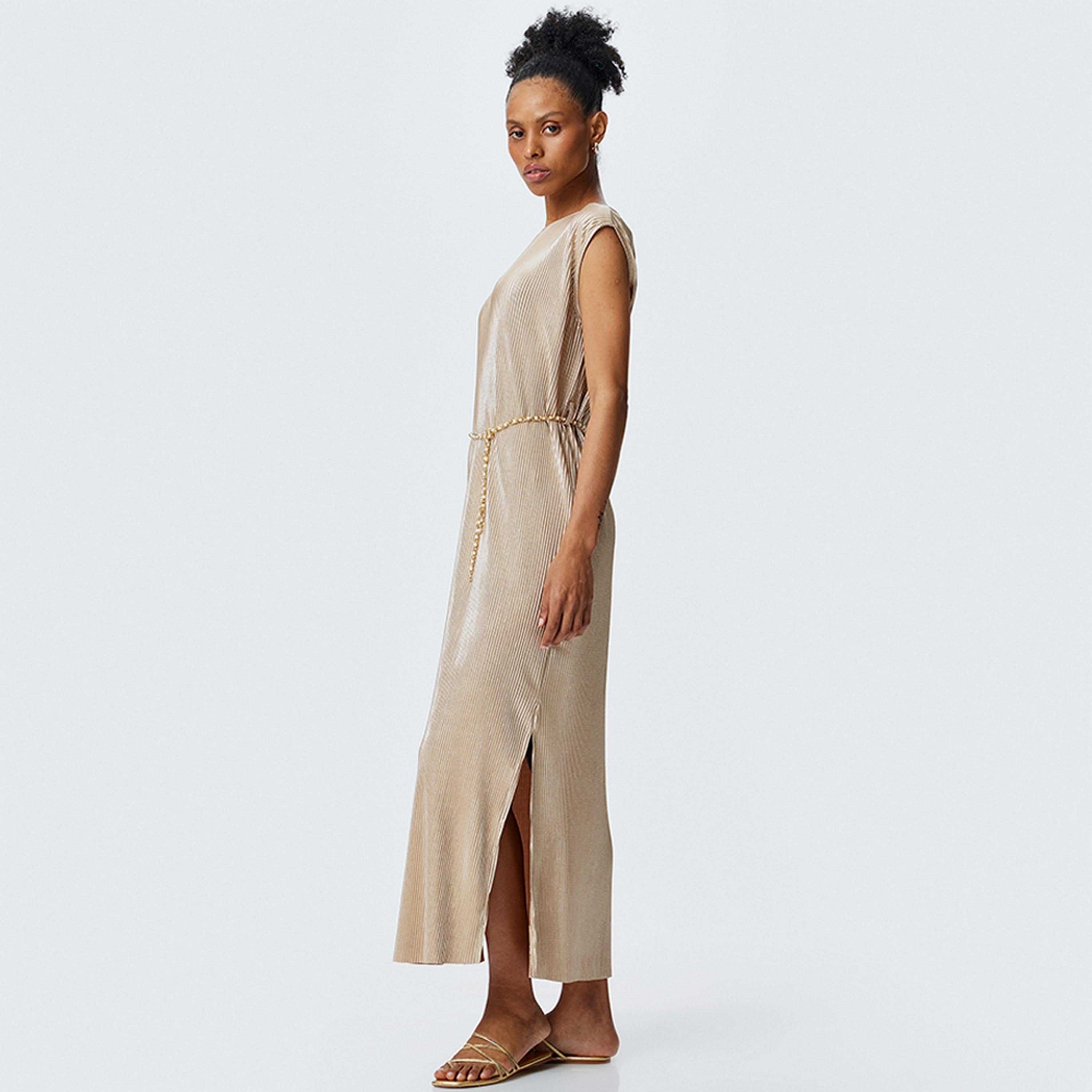 KOTON Beige Pleated Sheath Women's Maxi Dress With Chain Belt-women-clothing-dresses-image-2