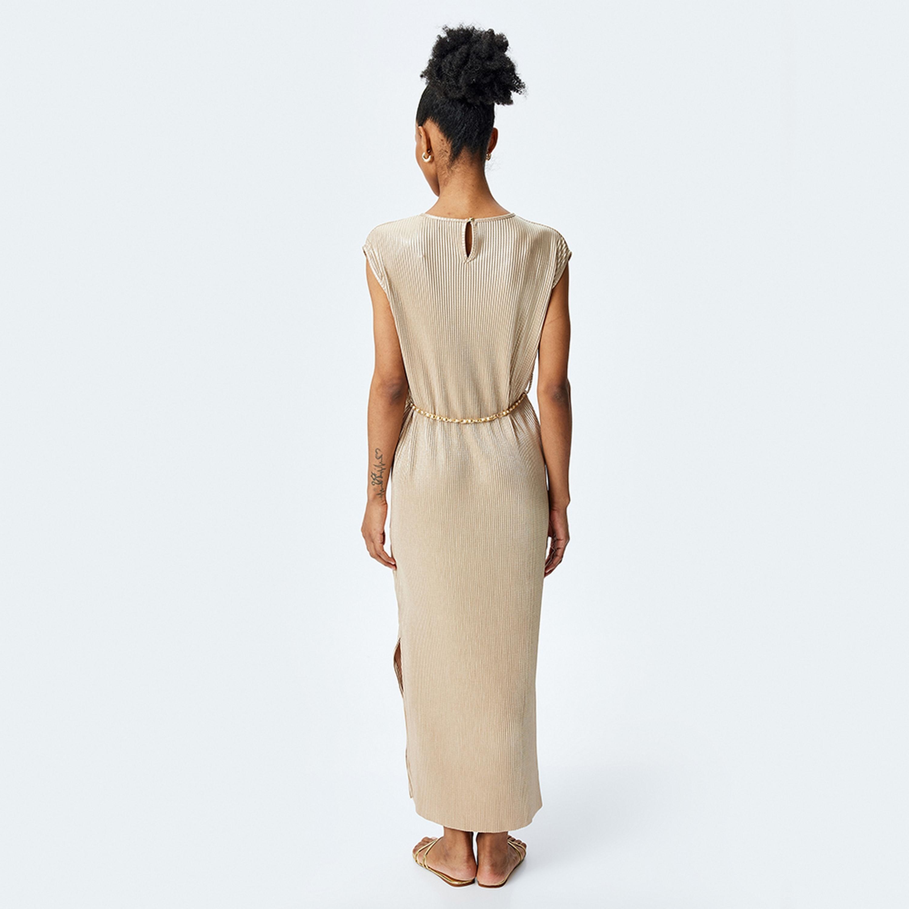 KOTON Beige Pleated Sheath Women's Maxi Dress With Chain Belt-women-clothing-dresses-image-3