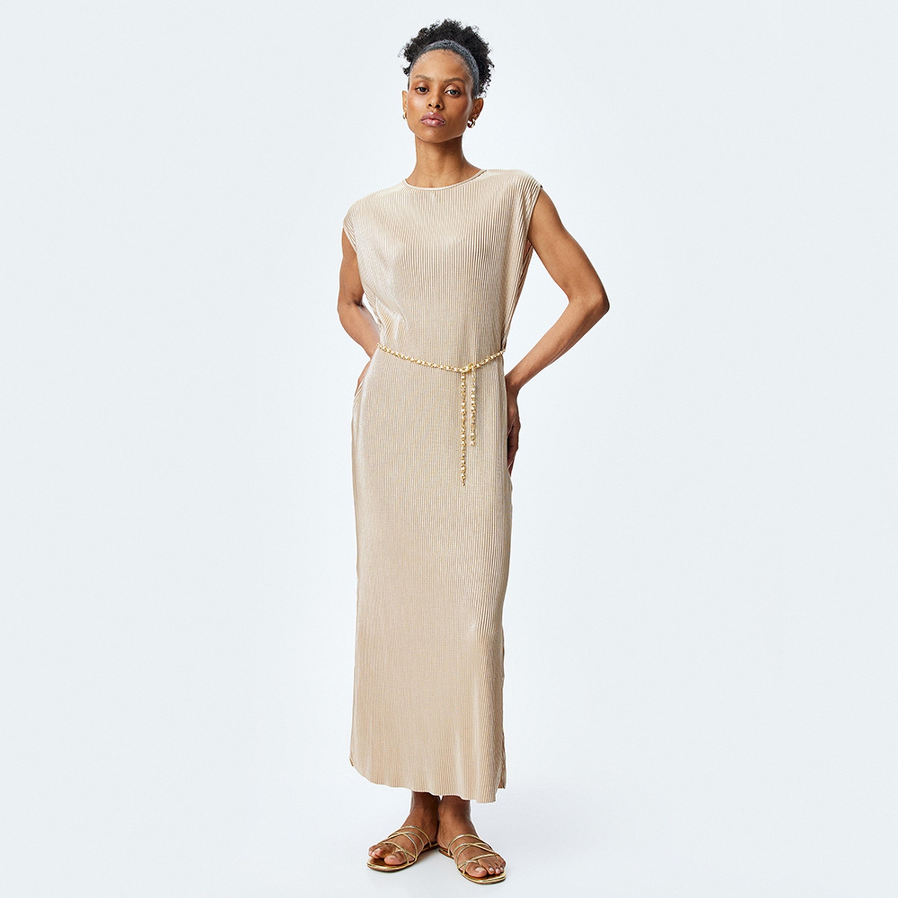 KOTON Beige Pleated Sheath Women's Maxi Dress With Chain Belt-women-clothing-dresses-image-4
