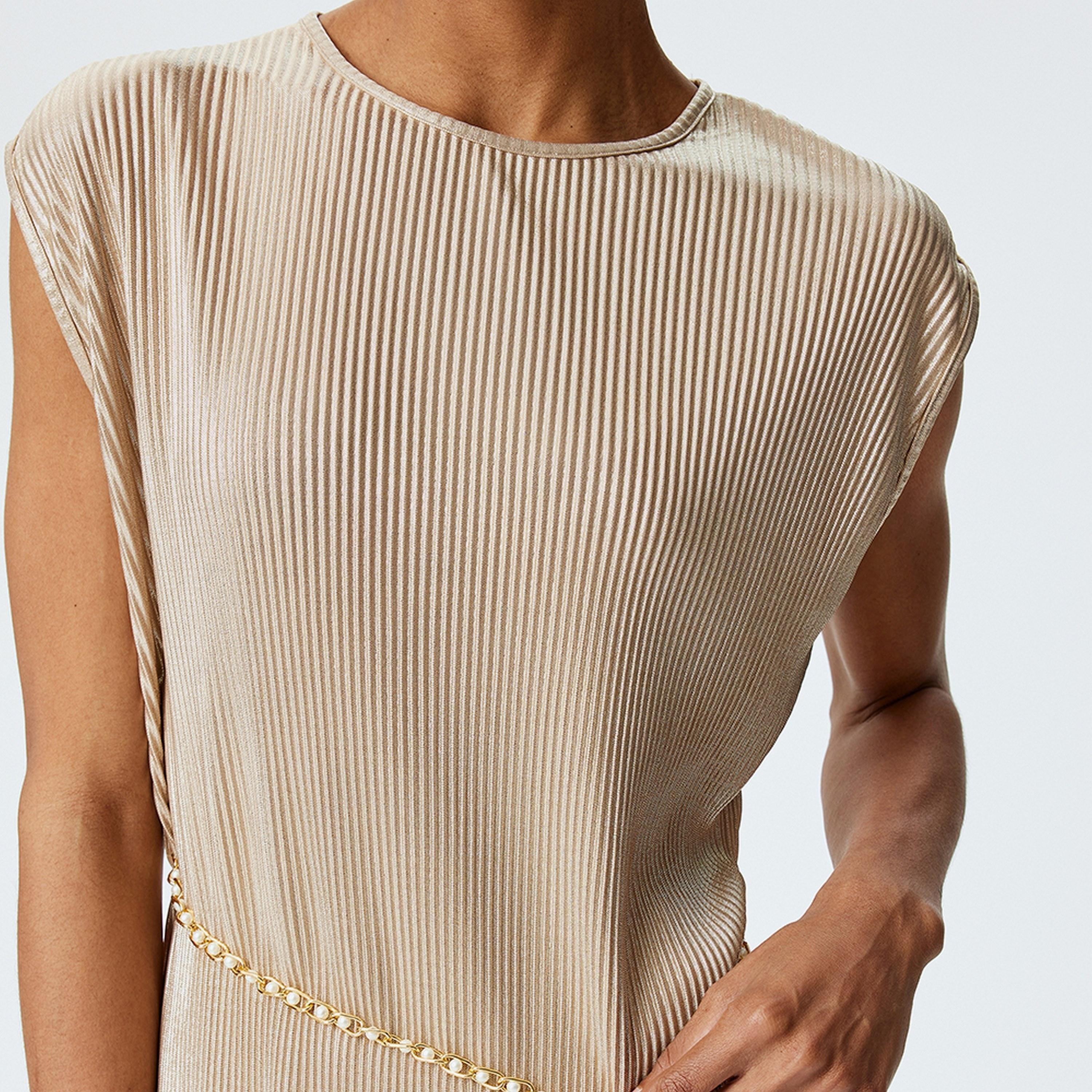 KOTON Beige Pleated Sheath Women's Maxi Dress With Chain Belt-women-clothing-dresses-image-5