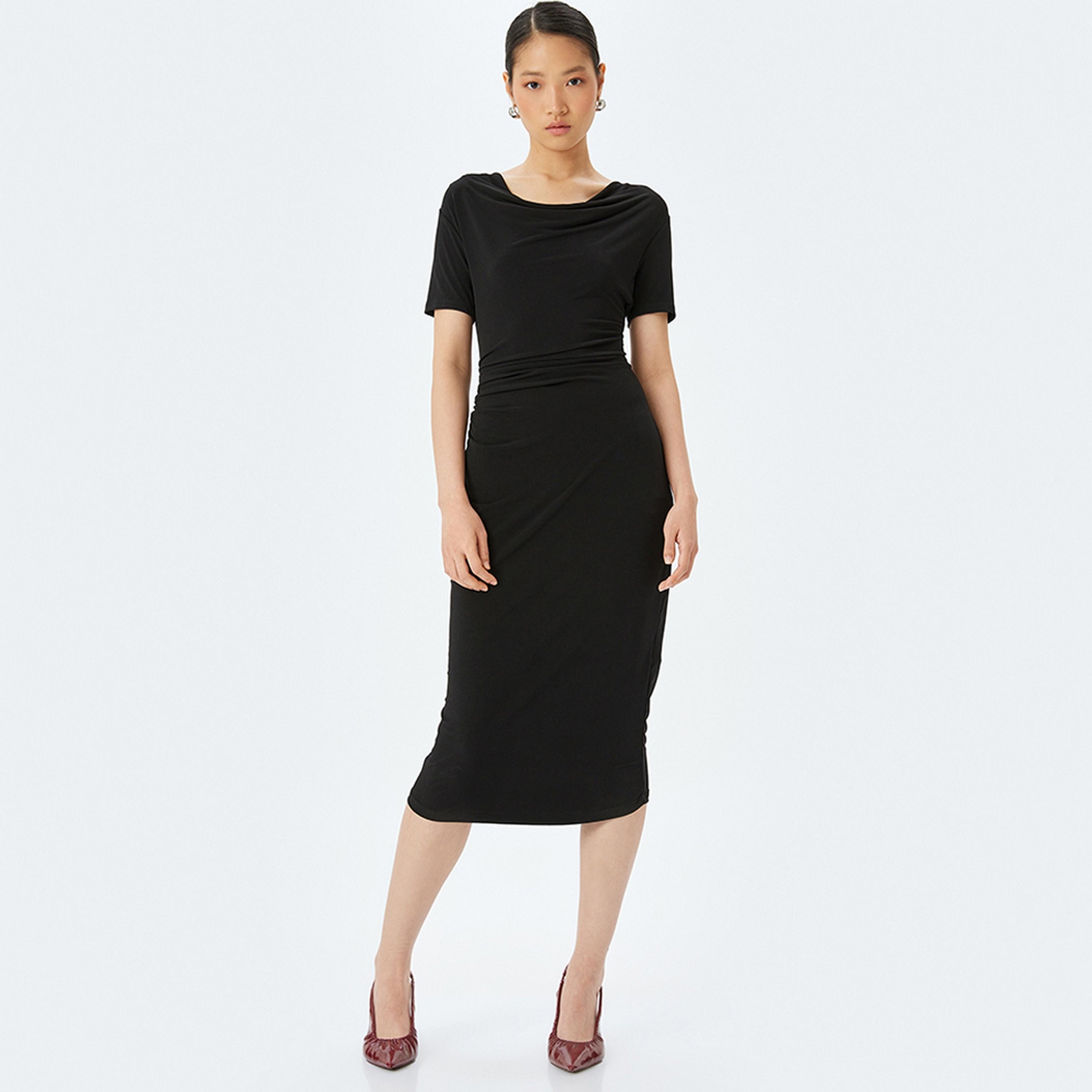 KOTON Black Cowl Neck Bodycon Women's Midi Dress-women-clothing-dresses-image-1