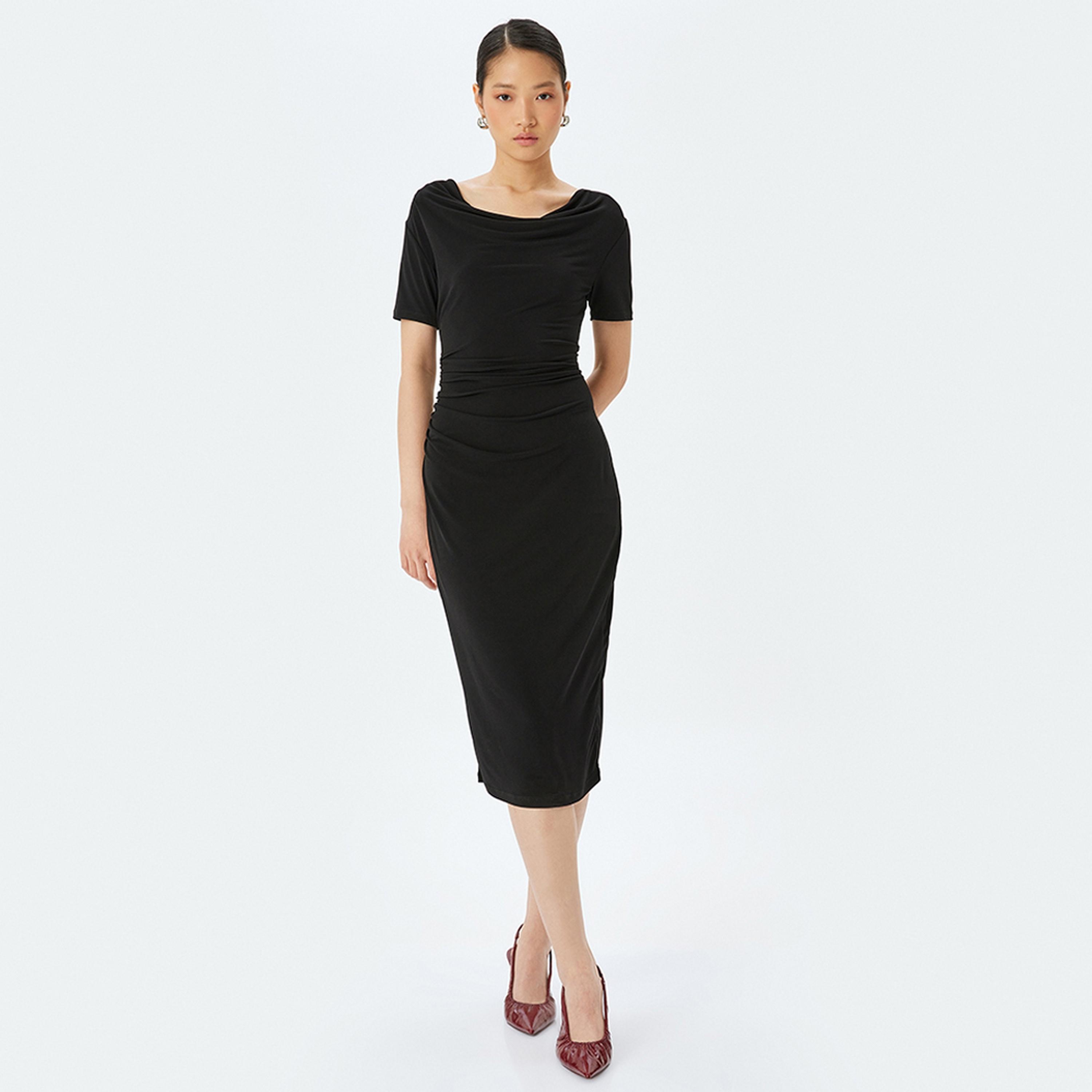 KOTON Black Cowl Neck Bodycon Women's Midi Dress-women-clothing-dresses-image-2