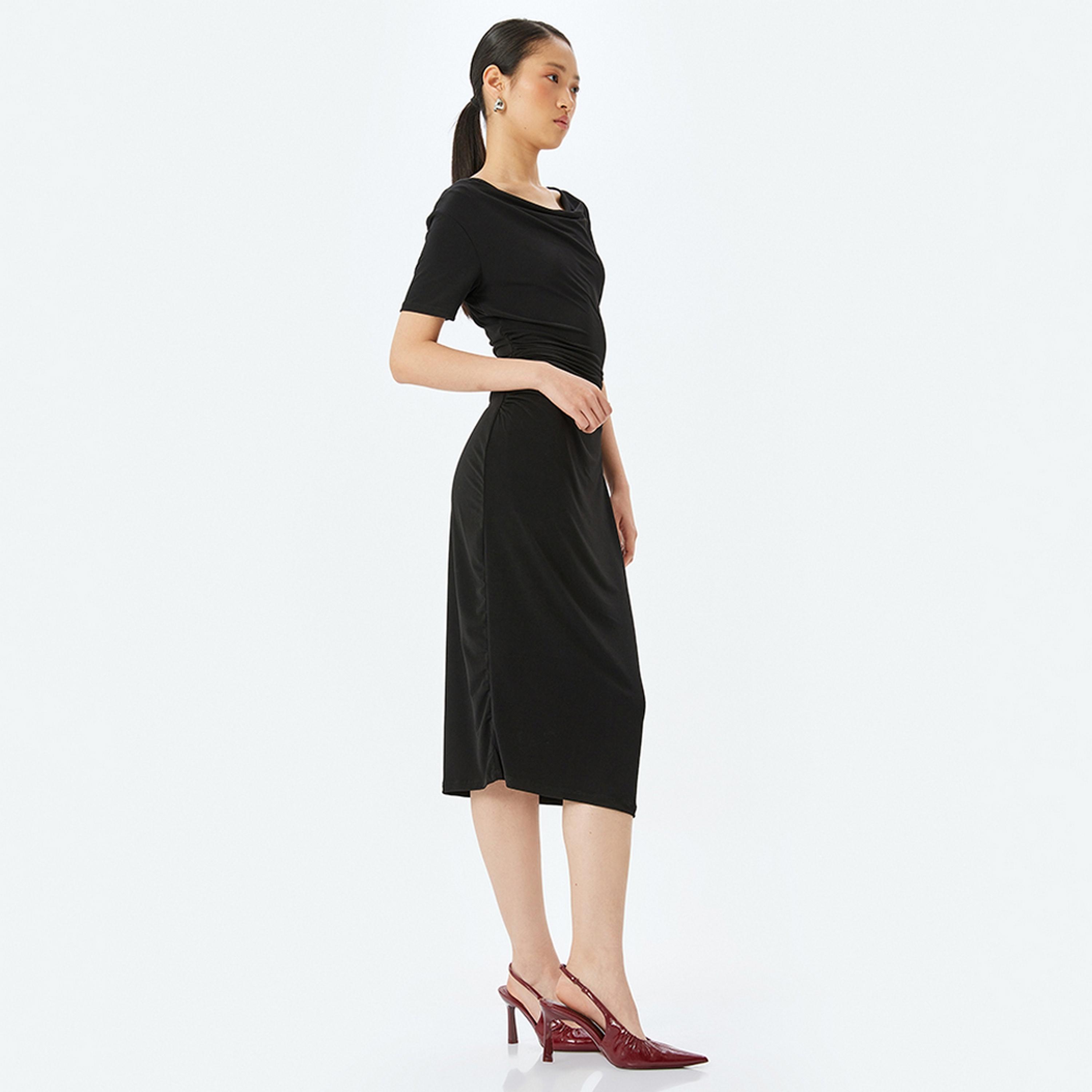 KOTON Black Cowl Neck Bodycon Women's Midi Dress-women-clothing-dresses-image-4