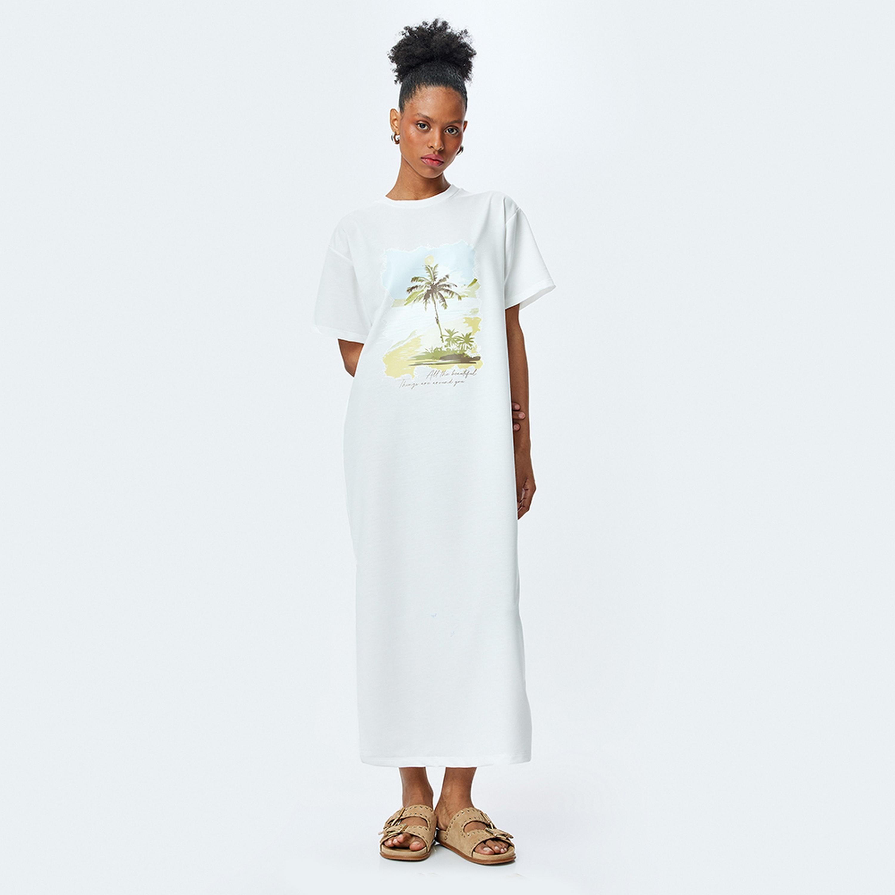 KOTON White Graphic Print T-Shirt Women's Maxi Dress-women-clothing-dresses-image-1