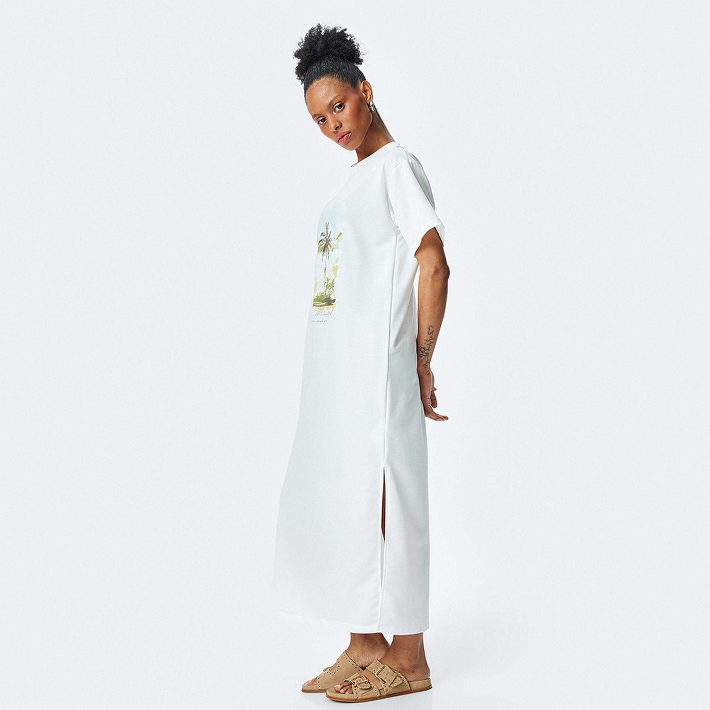 KOTON White Graphic Print T-Shirt Women's Maxi Dress-women-clothing-dresses-image-2