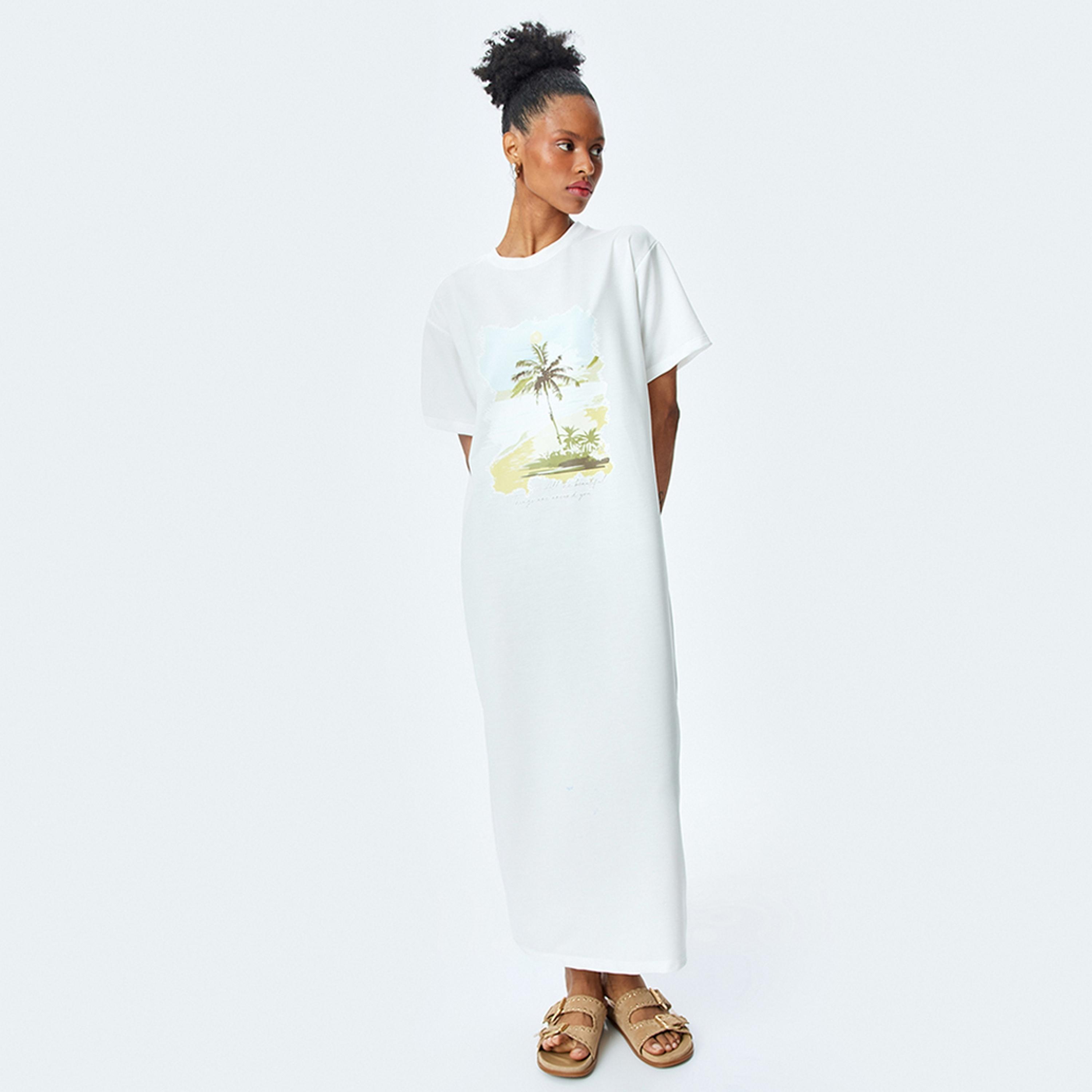 KOTON White Graphic Print T-Shirt Women's Maxi Dress-women-clothing-dresses-image-4