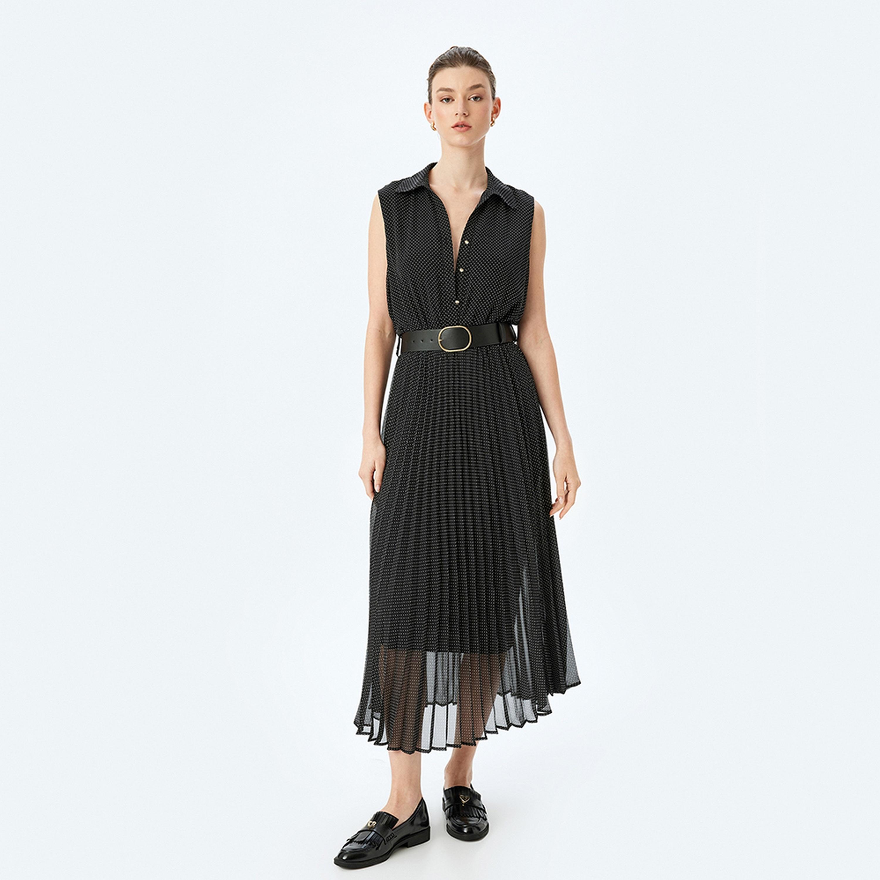 KOTON Black Polka Dot Collared Shirt Women's Midi Dress With Belt-women-clothing-dresses-image-1