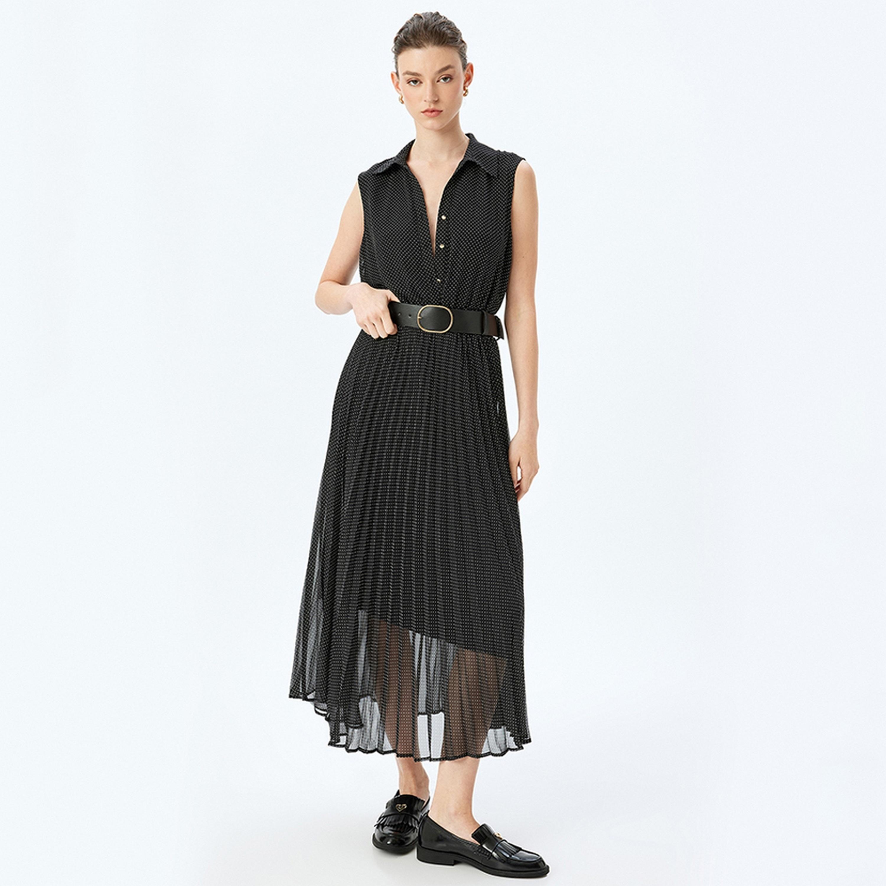 KOTON Black Polka Dot Collared Shirt Women's Midi Dress With Belt-women-clothing-dresses-image-2
