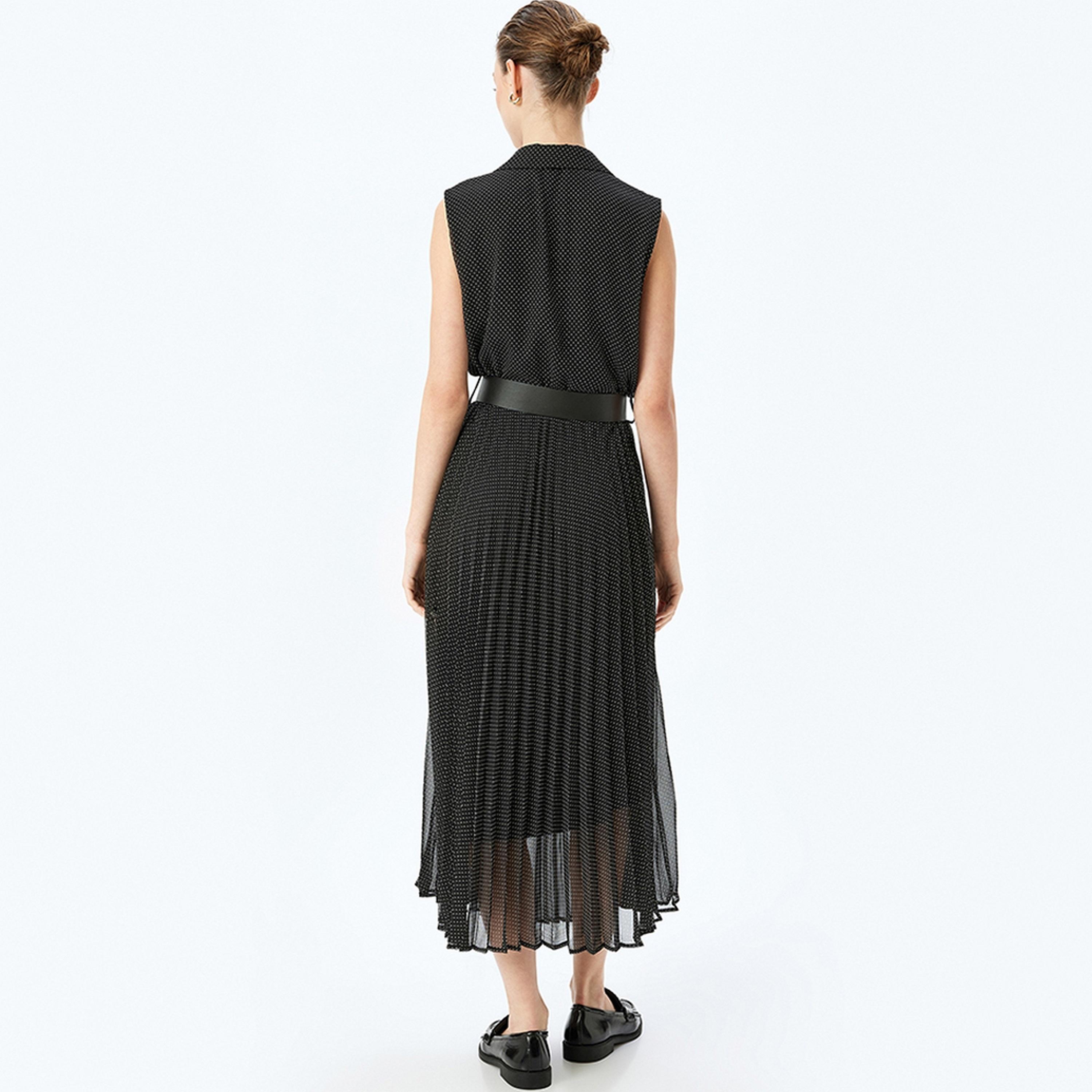 KOTON Black Polka Dot Collared Shirt Women's Midi Dress With Belt-women-clothing-dresses-image-3