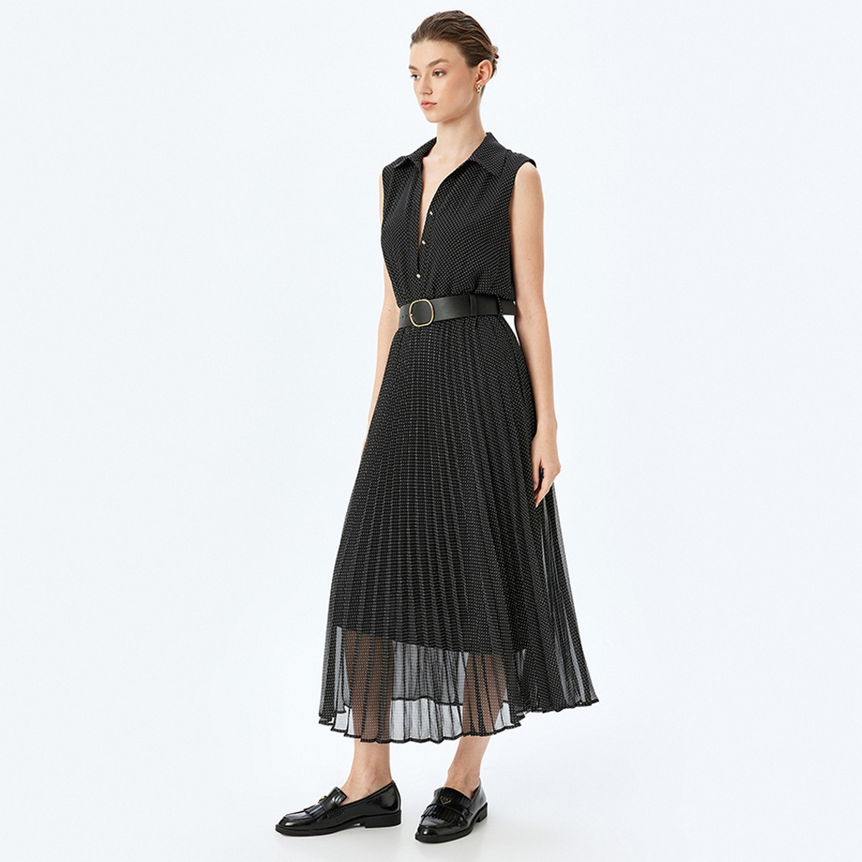 KOTON Black Polka Dot Collared Shirt Women's Midi Dress With Belt-women-clothing-dresses-image-4