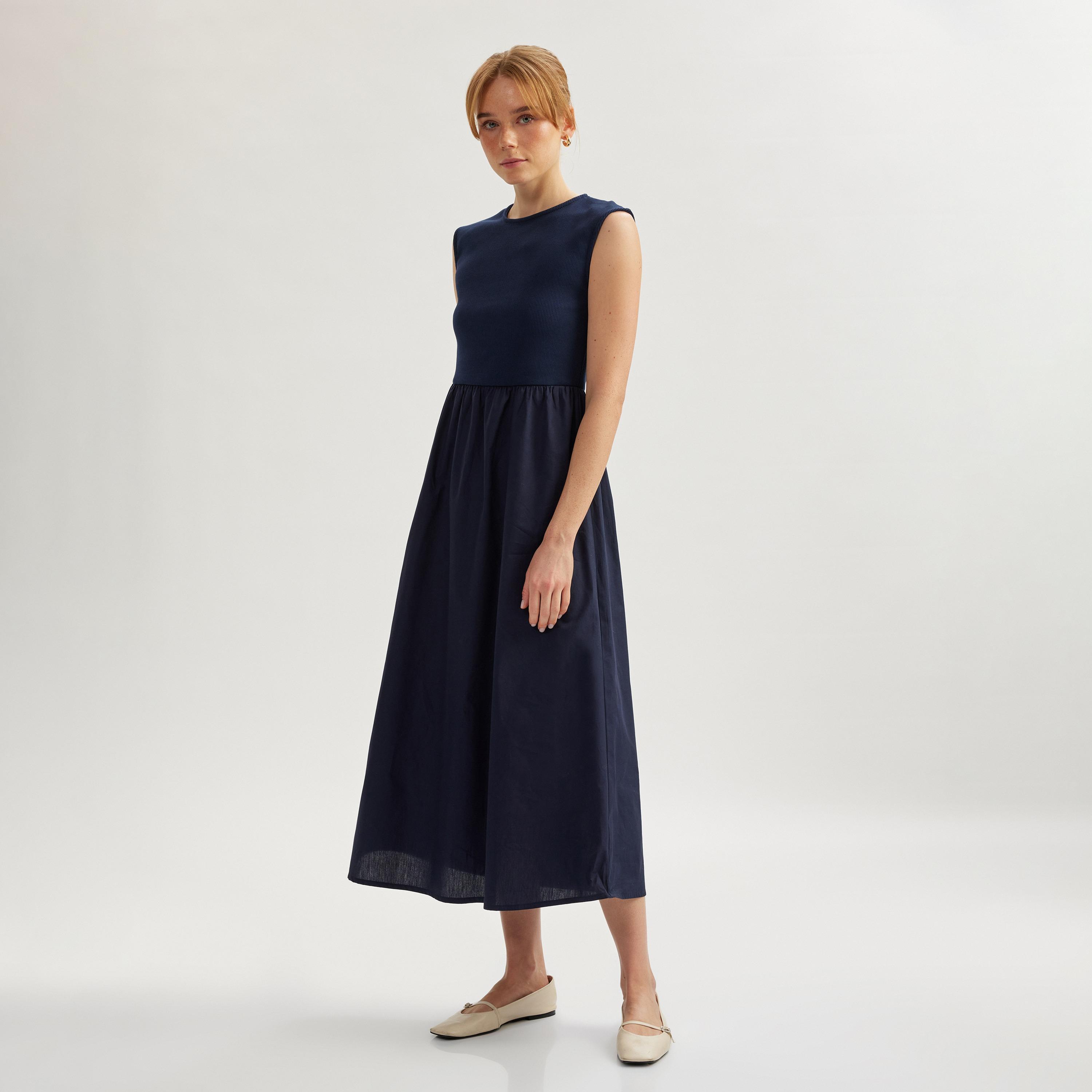 فستان ميدي نسائي من كوتون الأزرق الداكن المضلع-women-clothing-dresses-image-1