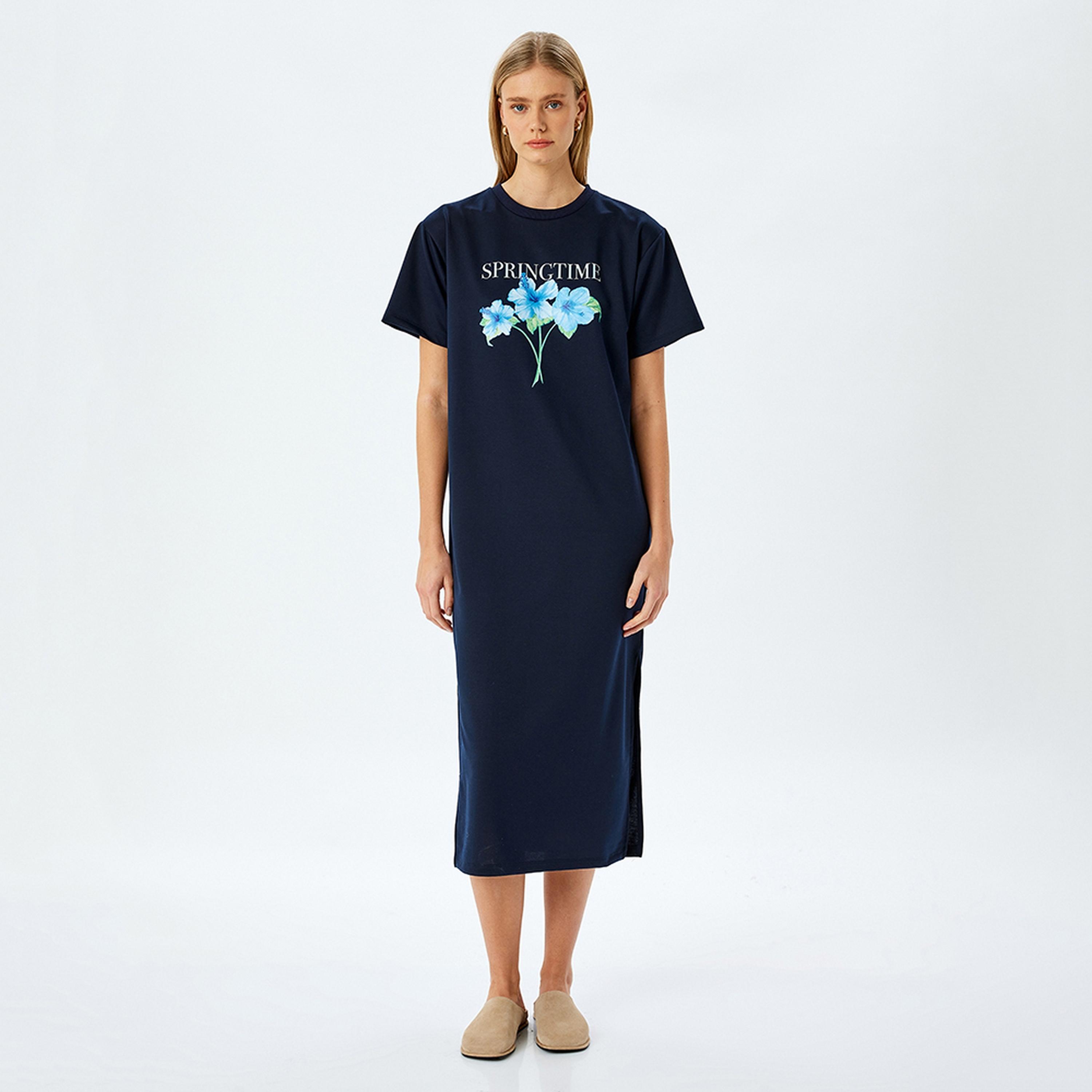 KOTON Blue Graphic Floral Print T-Shirt Women's Mini Dress-women-clothing-dresses-image-1