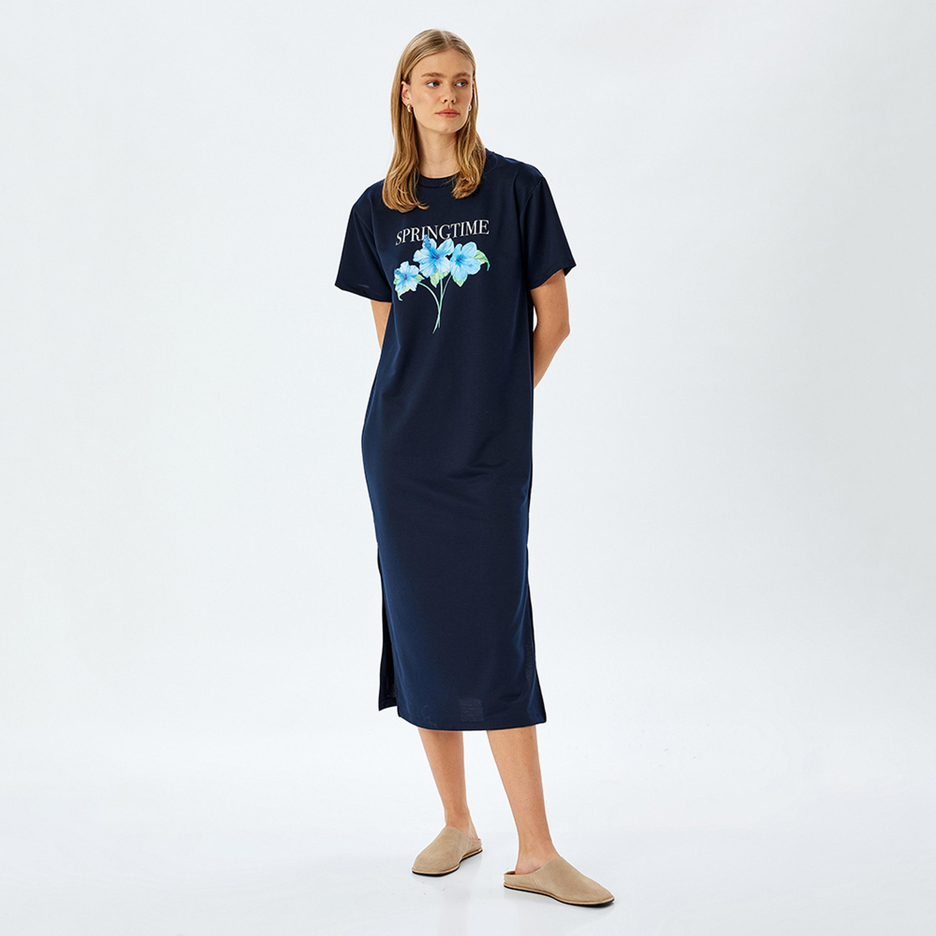 KOTON Blue Graphic Floral Print T-Shirt Women's Mini Dress-women-clothing-dresses-image-2