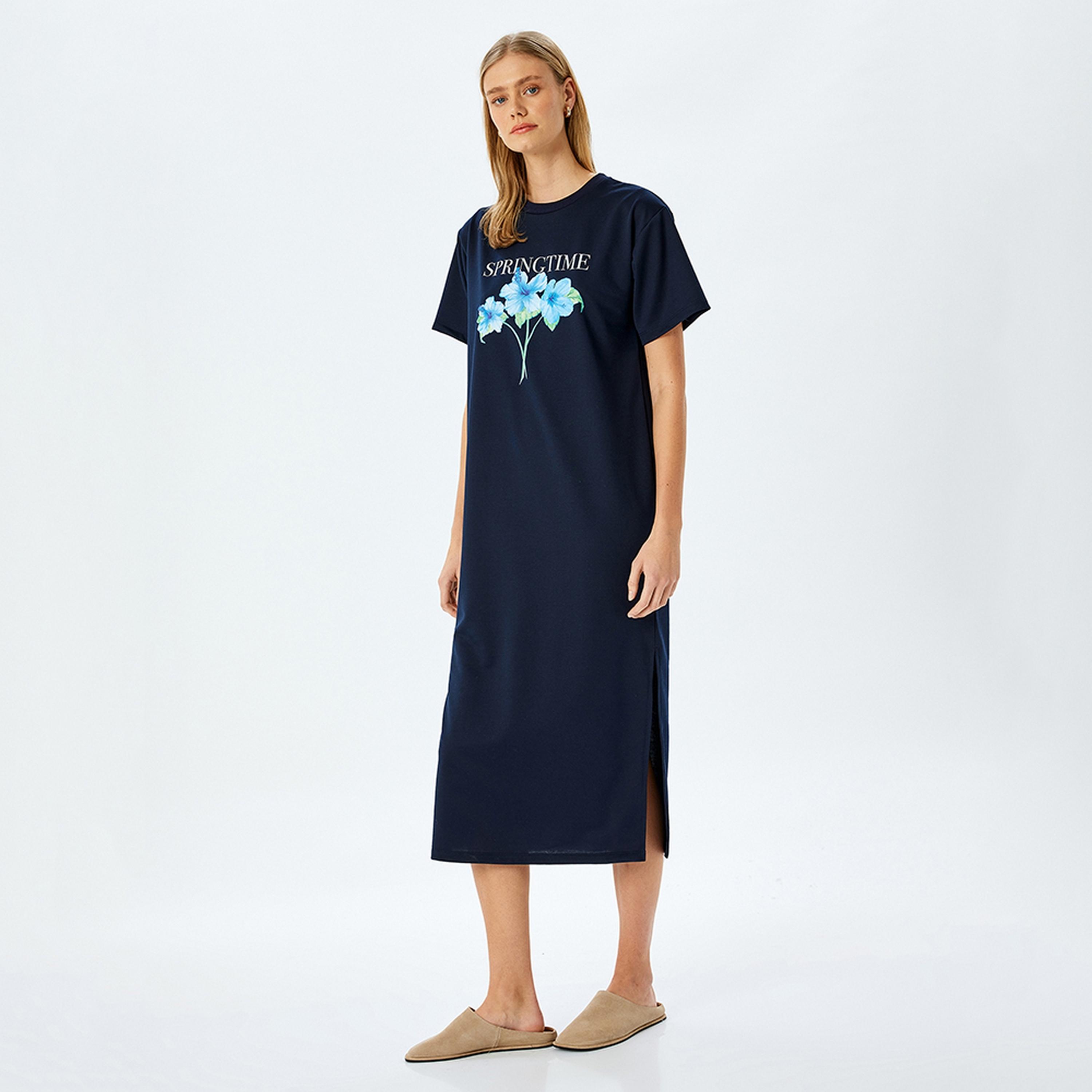 KOTON Blue Graphic Floral Print T-Shirt Women's Mini Dress-women-clothing-dresses-image-4
