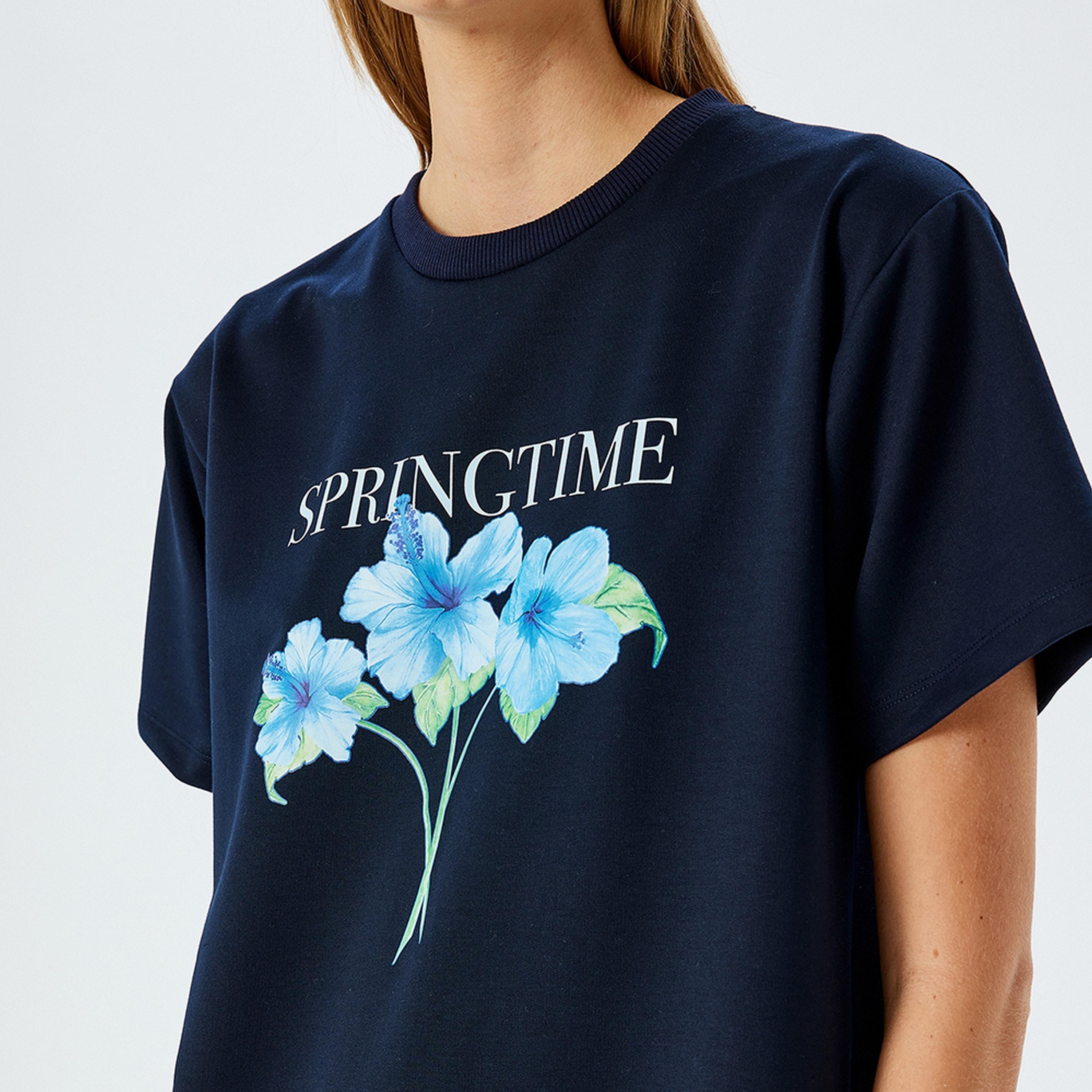 KOTON Blue Graphic Floral Print T-Shirt Women's Mini Dress-women-clothing-dresses-image-5