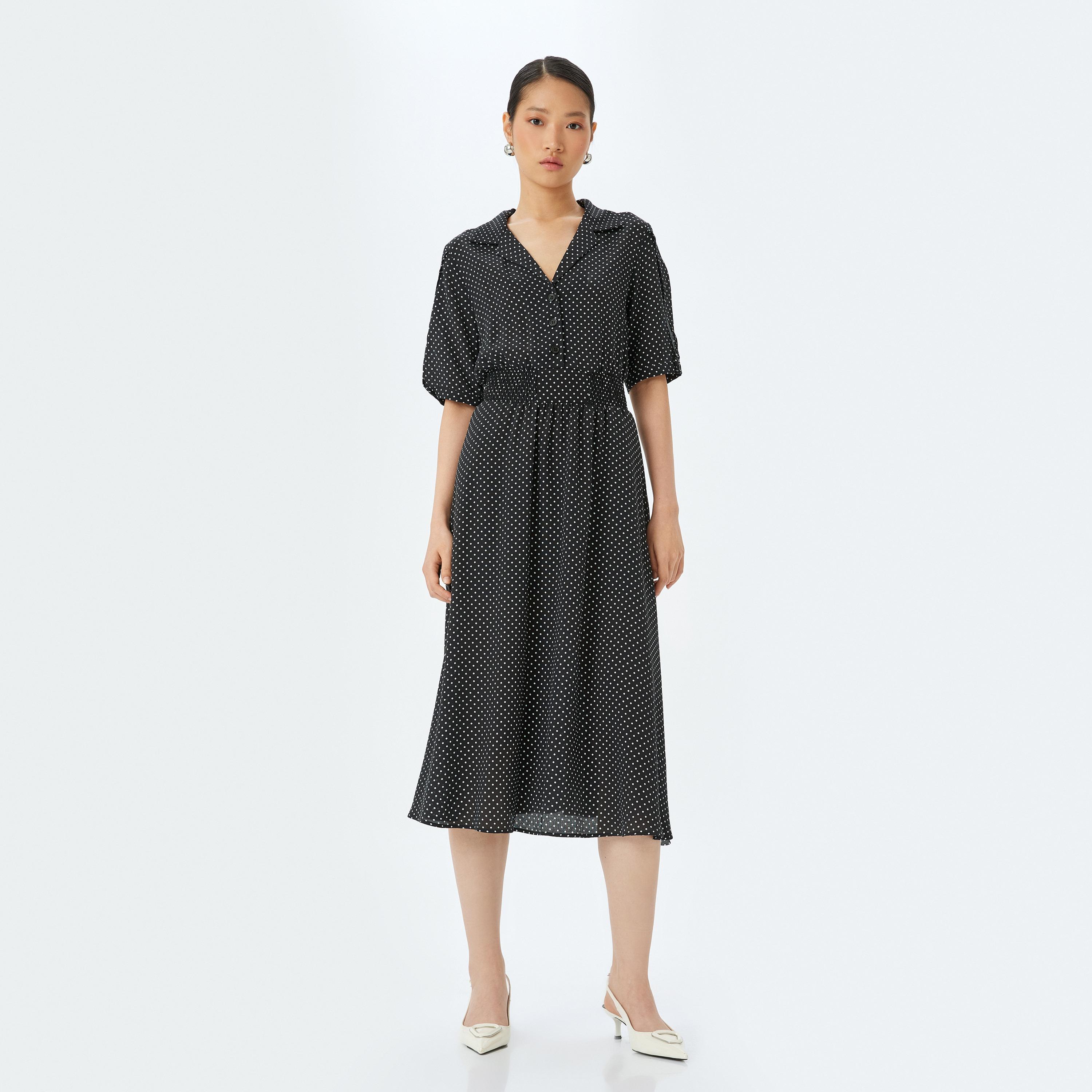 فستان نسائي ميدي بياقة ميدي من Koton Black Polka Dot Liscose Notch Collar-women-clothing-dresses-image-1