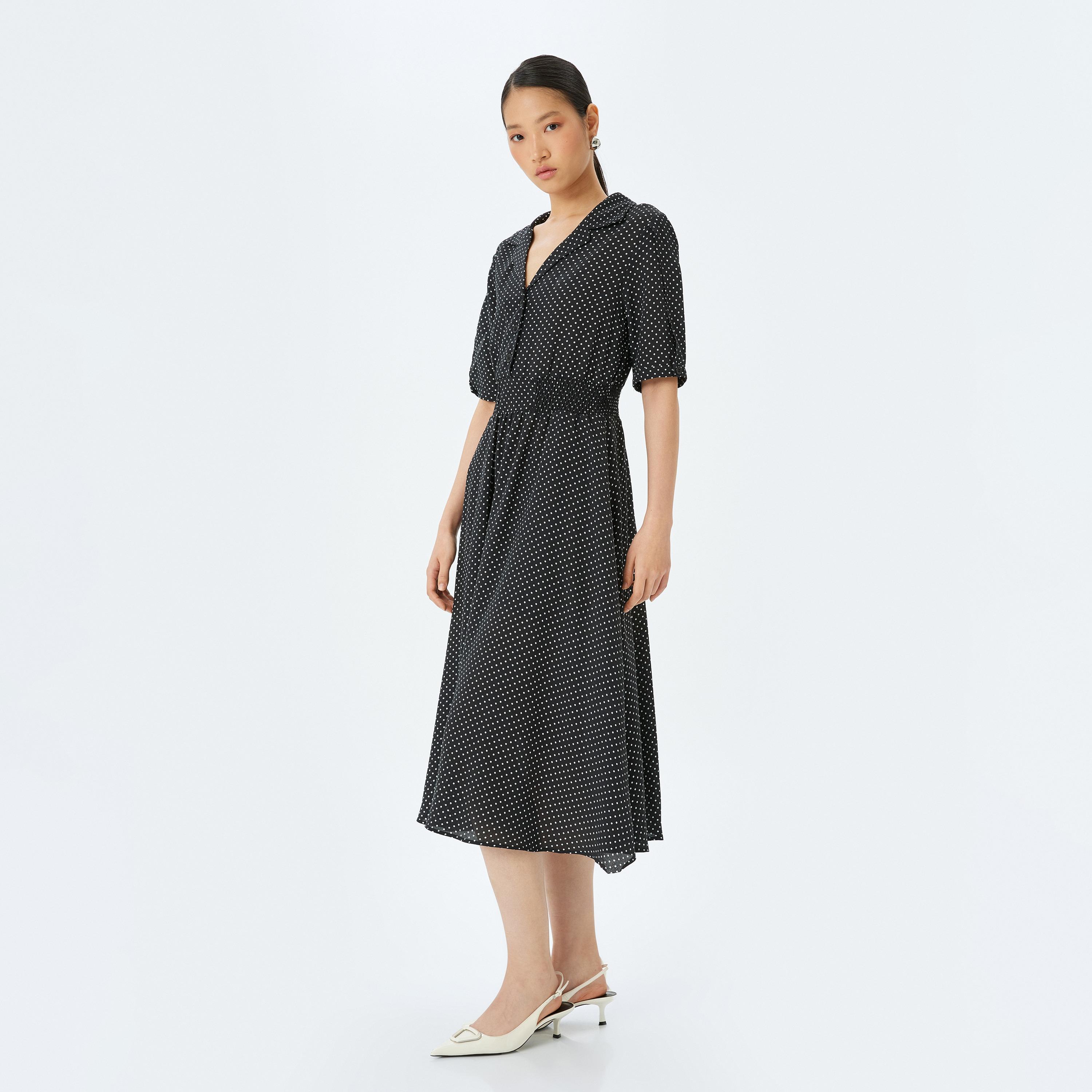 فستان نسائي ميدي بياقة ميدي من Koton Black Polka Dot Liscose Notch Collar-women-clothing-dresses-image-2