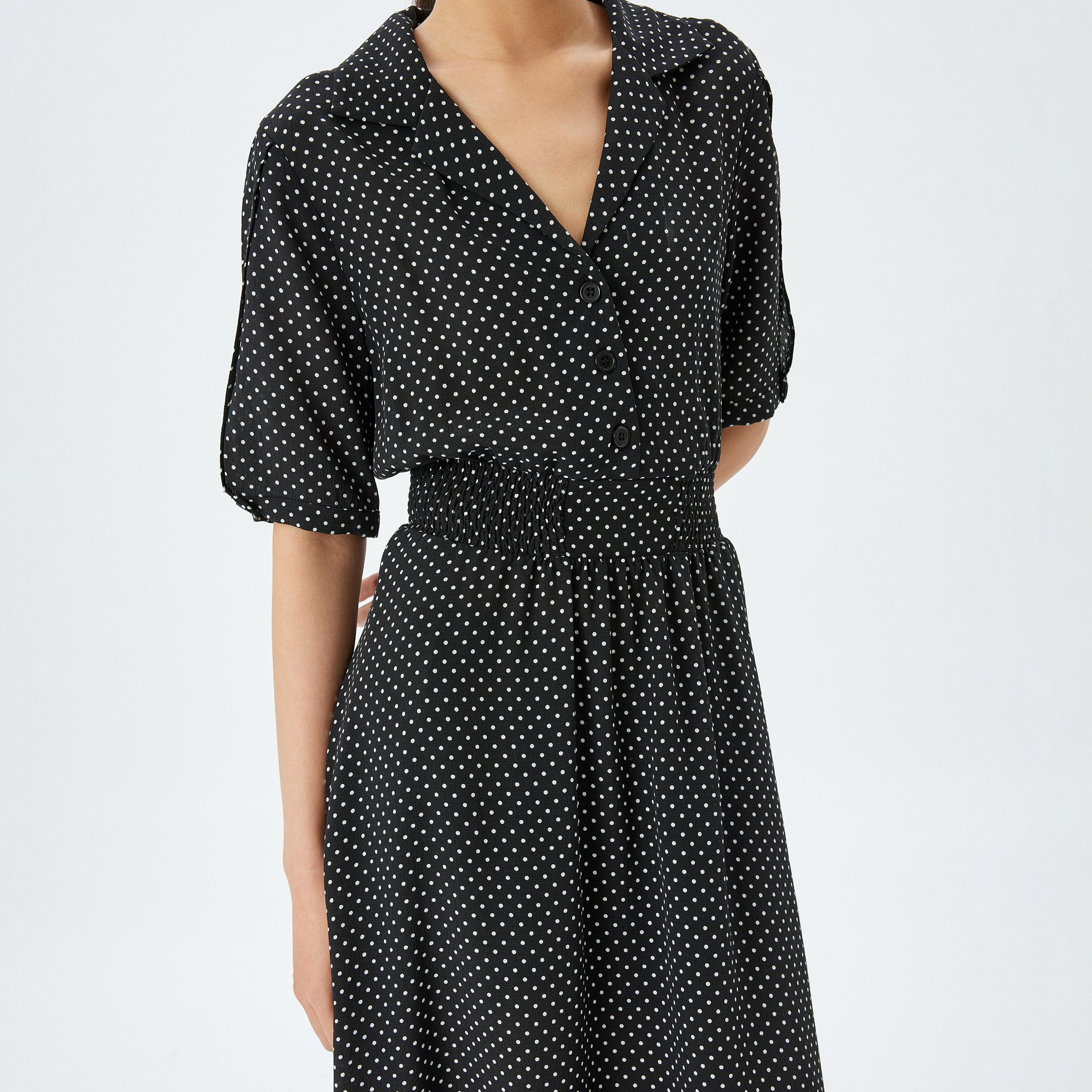 فستان نسائي ميدي بياقة ميدي من Koton Black Polka Dot Liscose Notch Collar-women-clothing-dresses-image-4