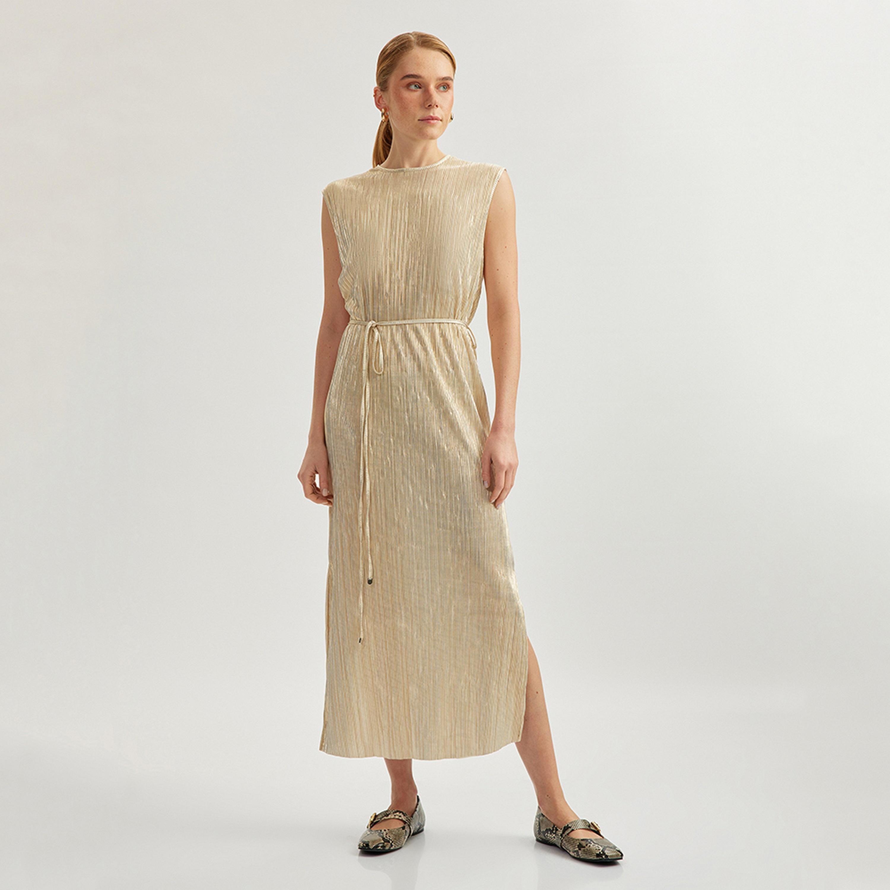 فستان ميدي نسائي بقصة شيث معدنية من كوتون.-women-clothing-dresses-image-1