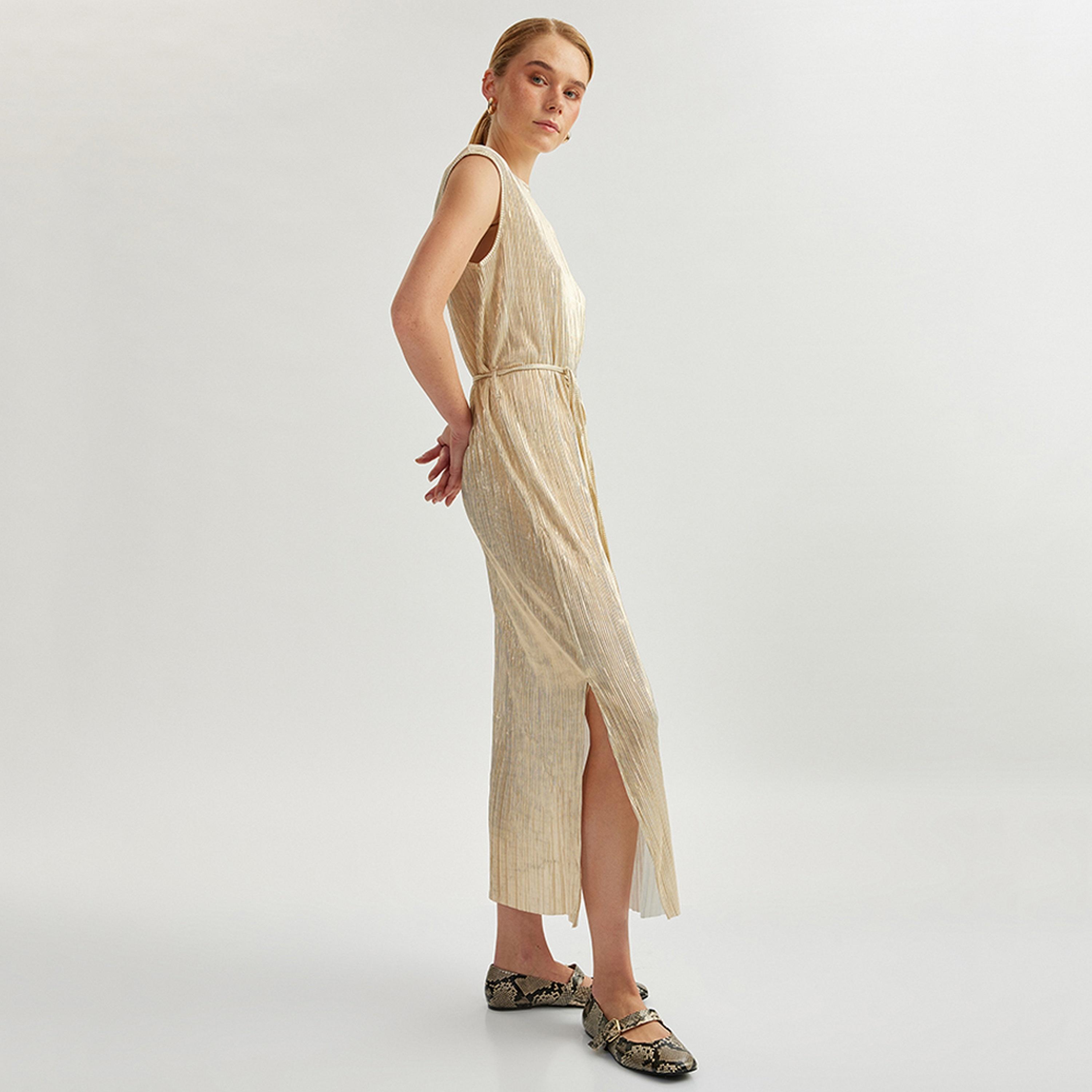 فستان ميدي نسائي بقصة شيث معدنية من كوتون.-women-clothing-dresses-image-2