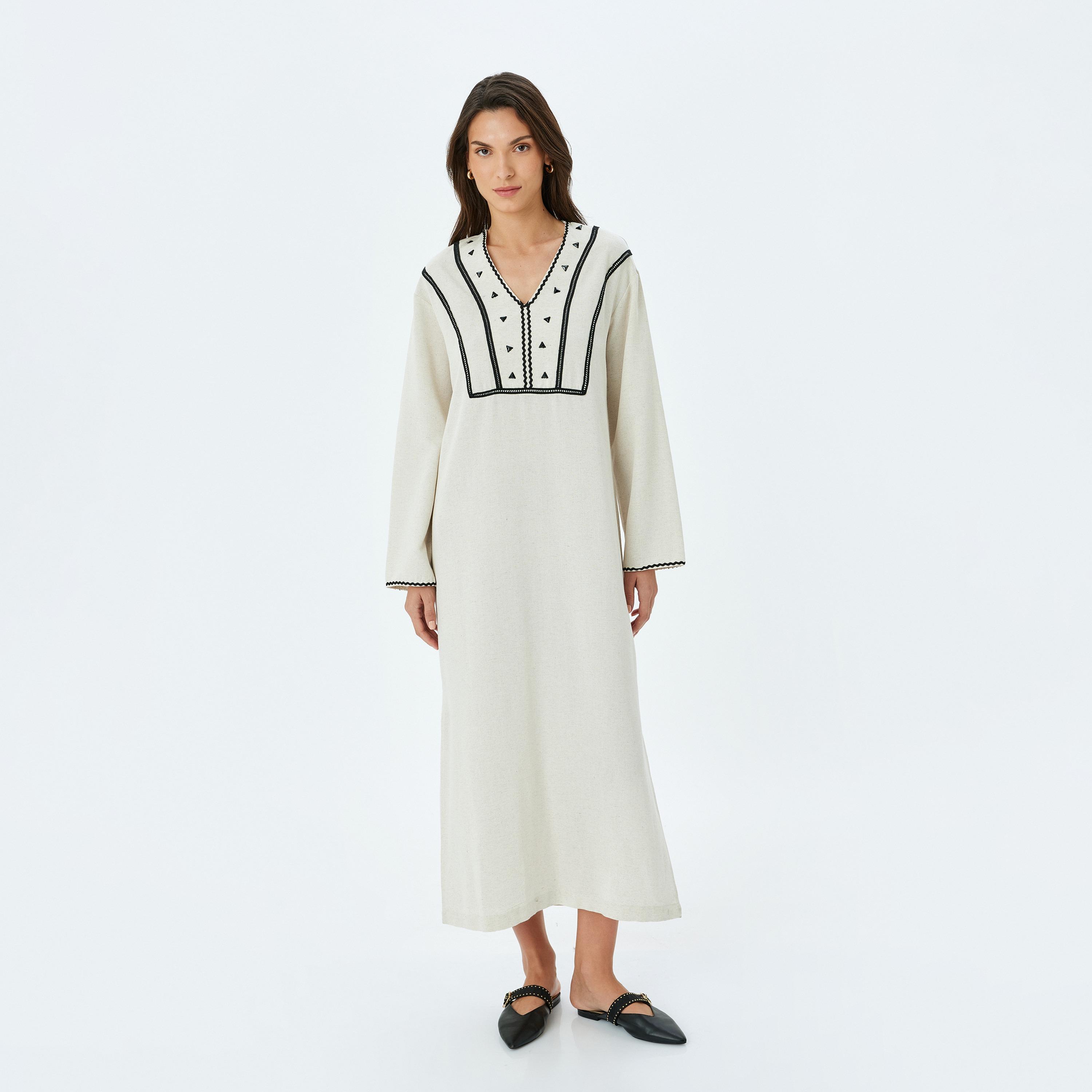 دانتيل كوتون البيج مع فستان ميدي نسائي كريستال-women-clothing-dresses-image-1
