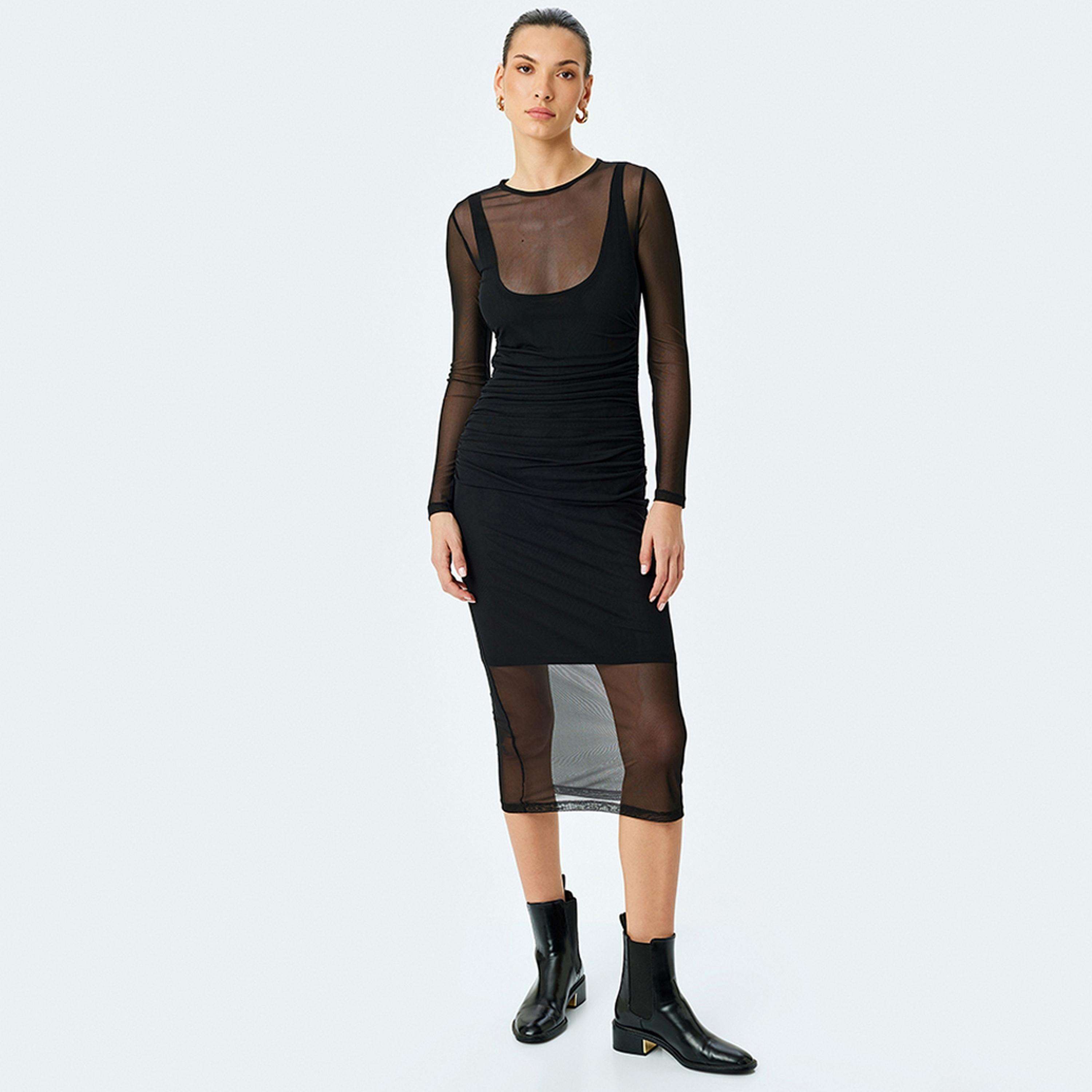 KOTON Black Sheer Bodycon Women's Midi Dress-women-clothing-dresses-image-1