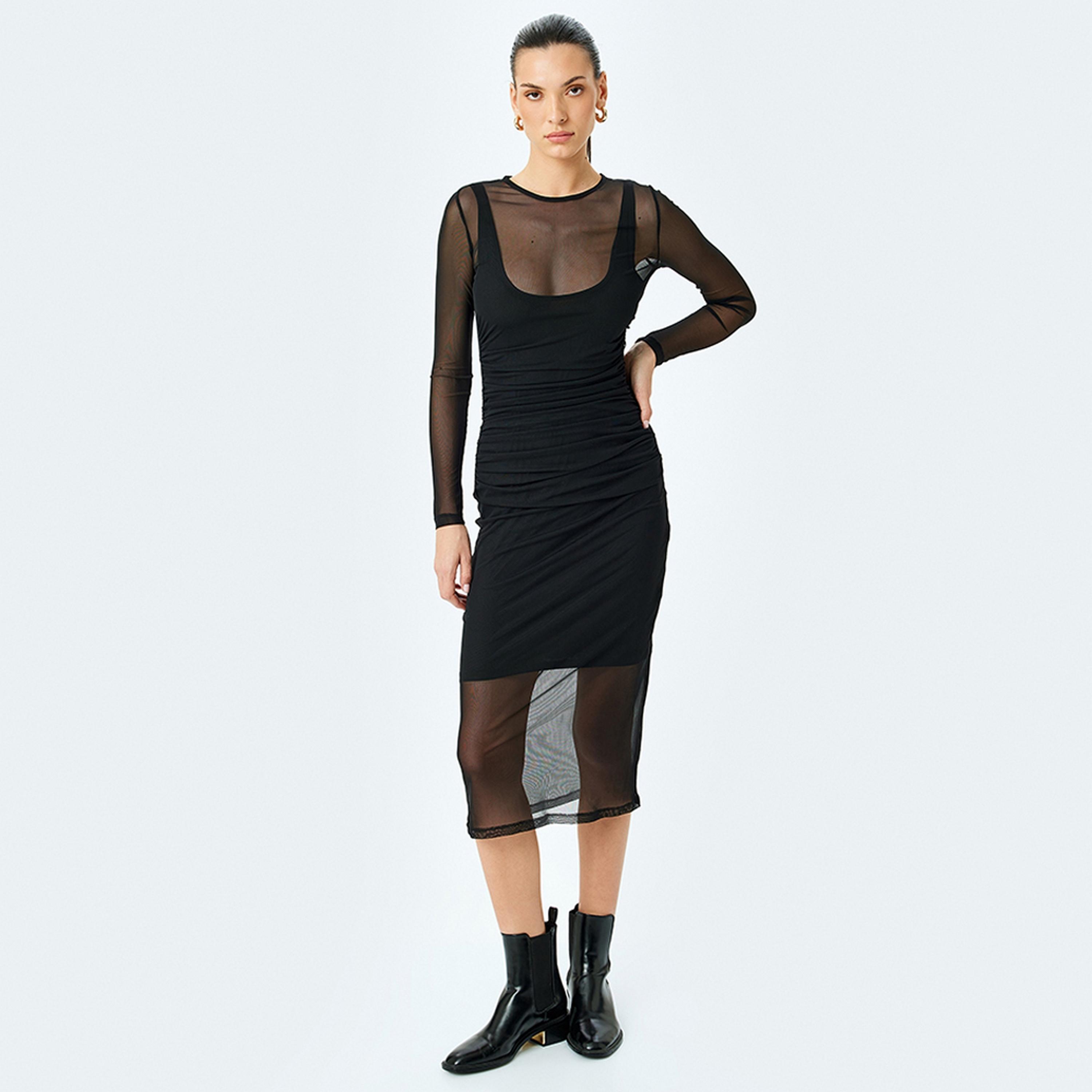 KOTON Black Sheer Bodycon Women's Midi Dress-women-clothing-dresses-image-2