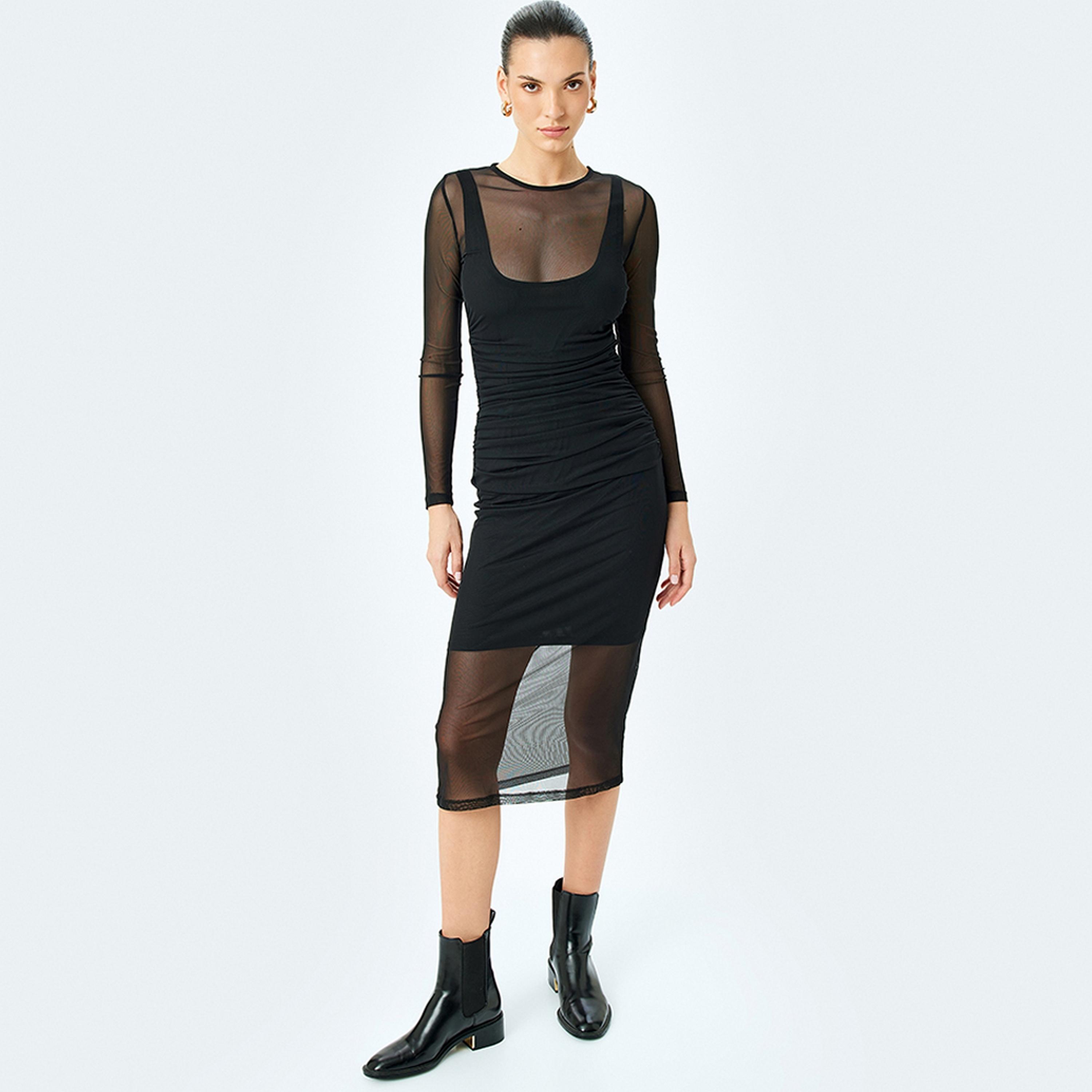 KOTON Black Sheer Bodycon Women's Midi Dress-women-clothing-dresses-image-4